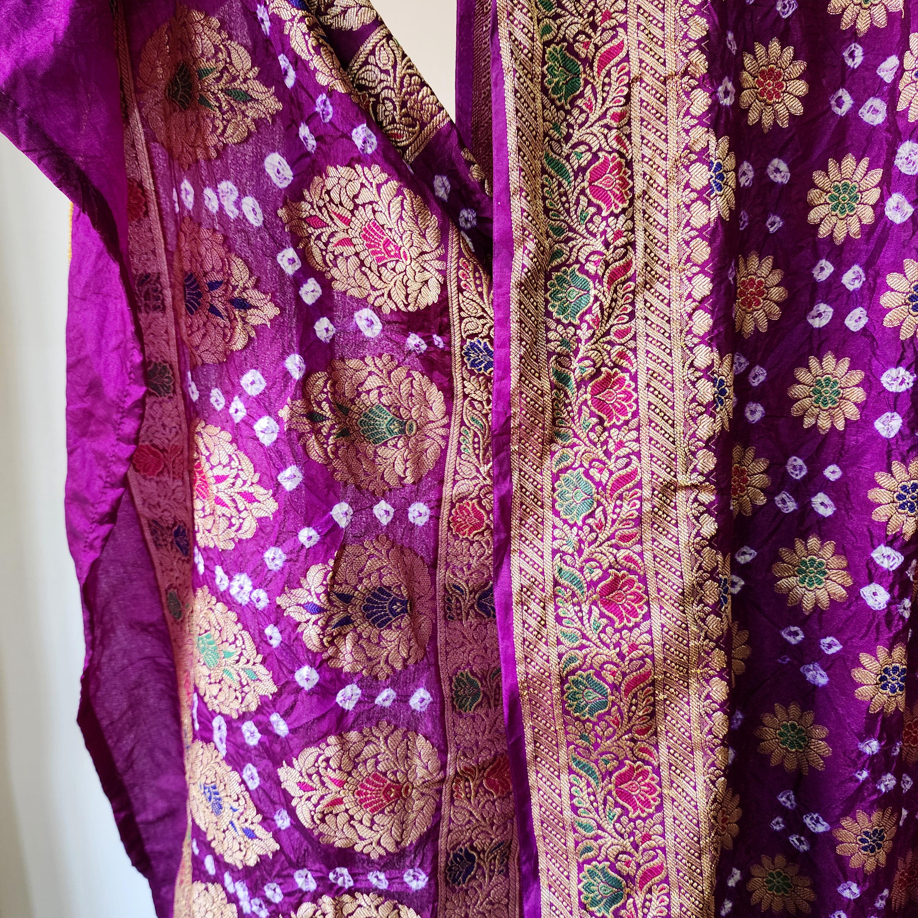 Royal Purple Bandhni Dupatta with Golden Zari Border & Banarasi Meenakari Motifs