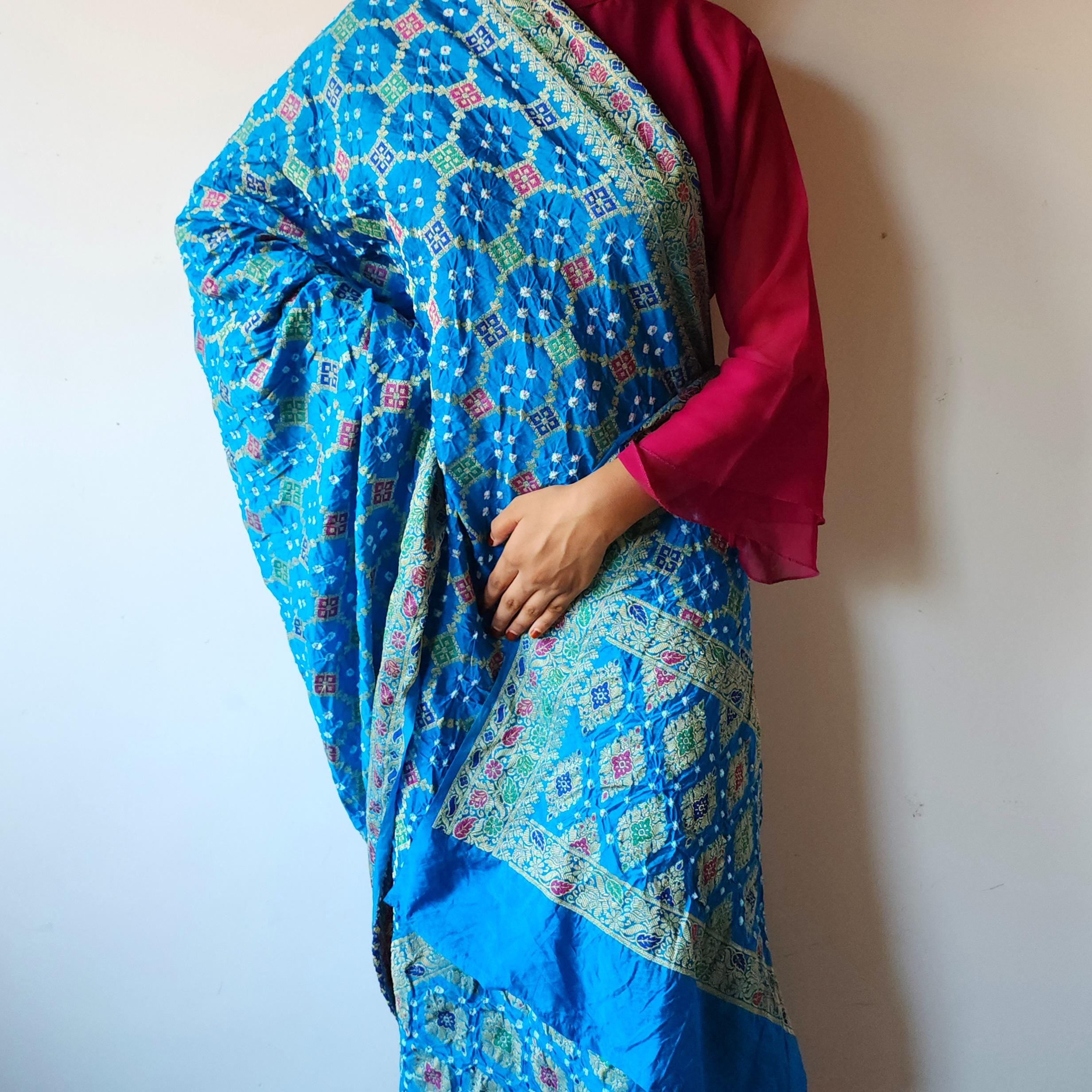 Sky Blue Bandhni Dupatta with Golden Border & Banarasi Meenakari Weave