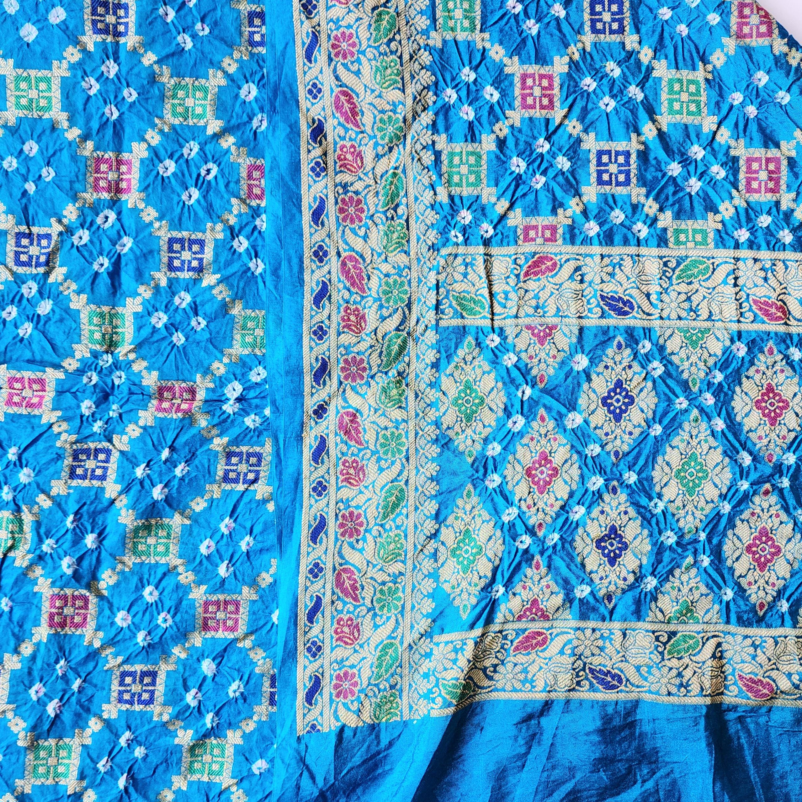 Sky Blue Bandhni Dupatta with Golden Border & Banarasi Meenakari Weave