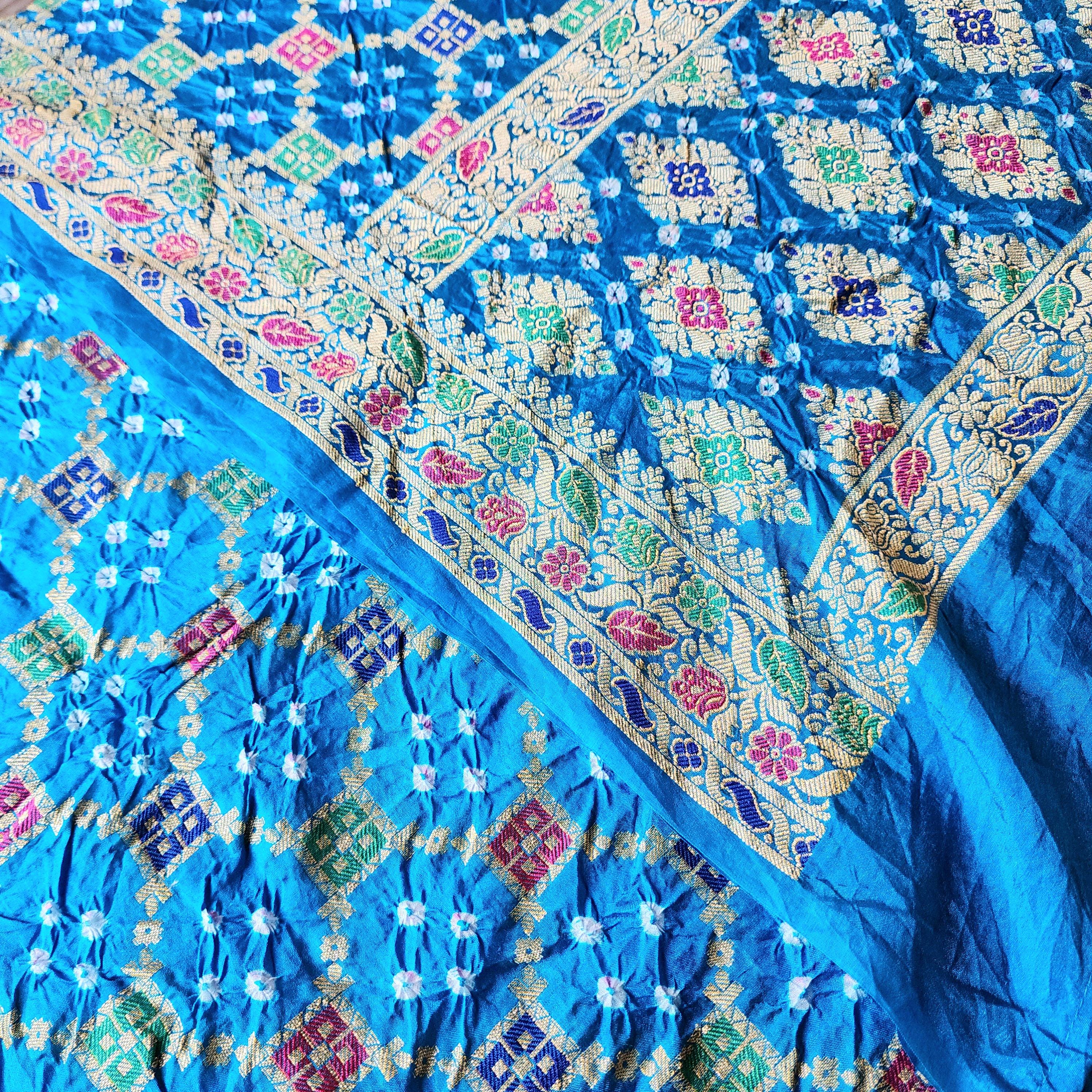 Sky Blue Bandhni Dupatta with Golden Border & Banarasi Meenakari Weave