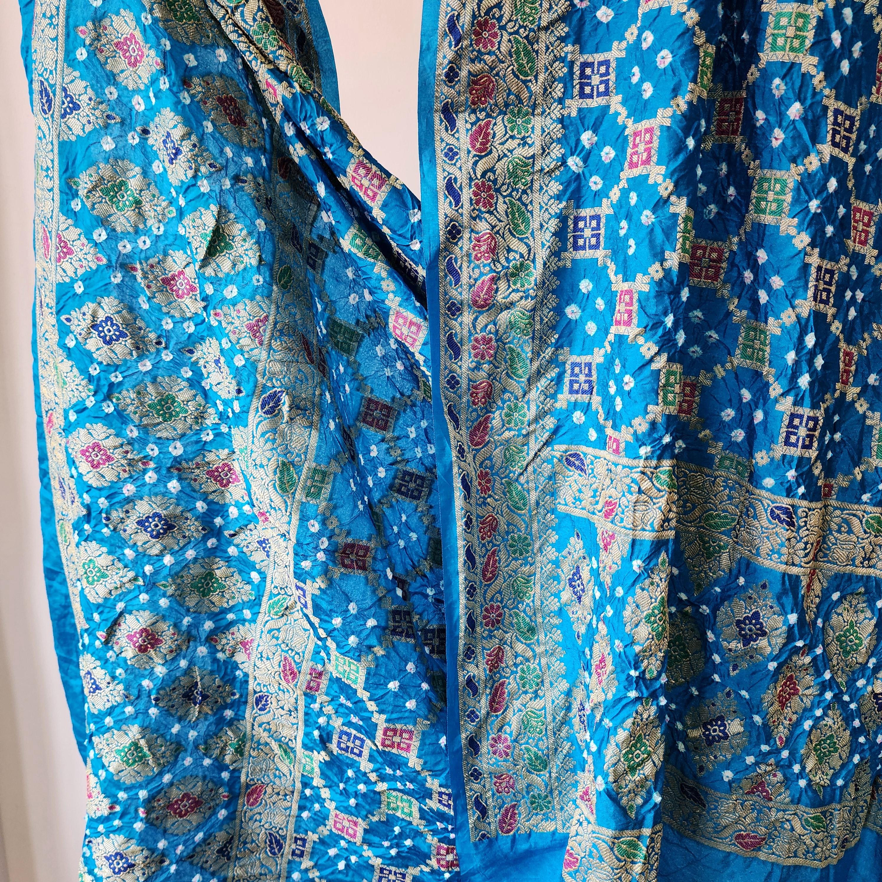 Sky Blue Bandhni Dupatta with Golden Border & Banarasi Meenakari Weave