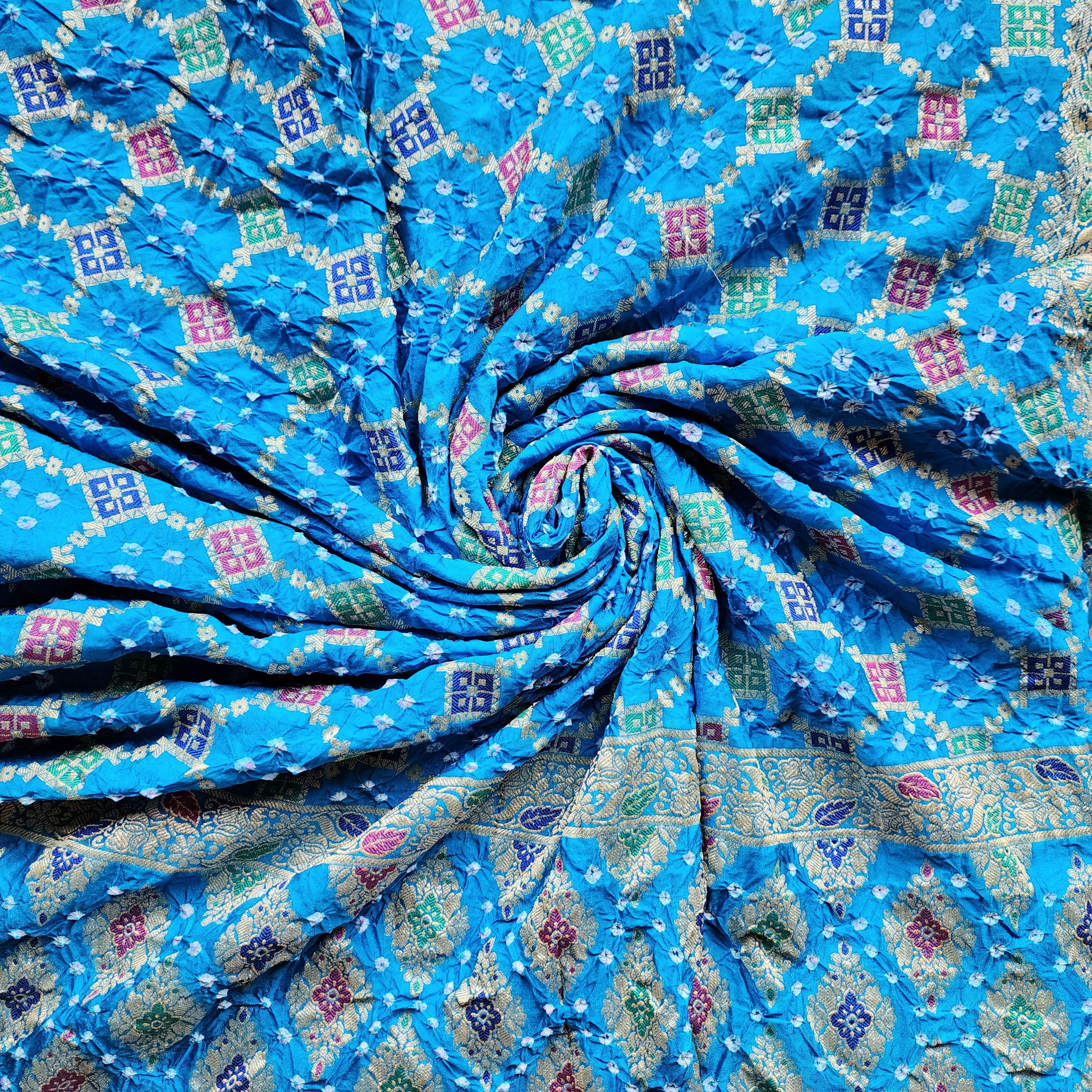 Sky Blue Bandhni Dupatta with Golden Border & Banarasi Meenakari Weave