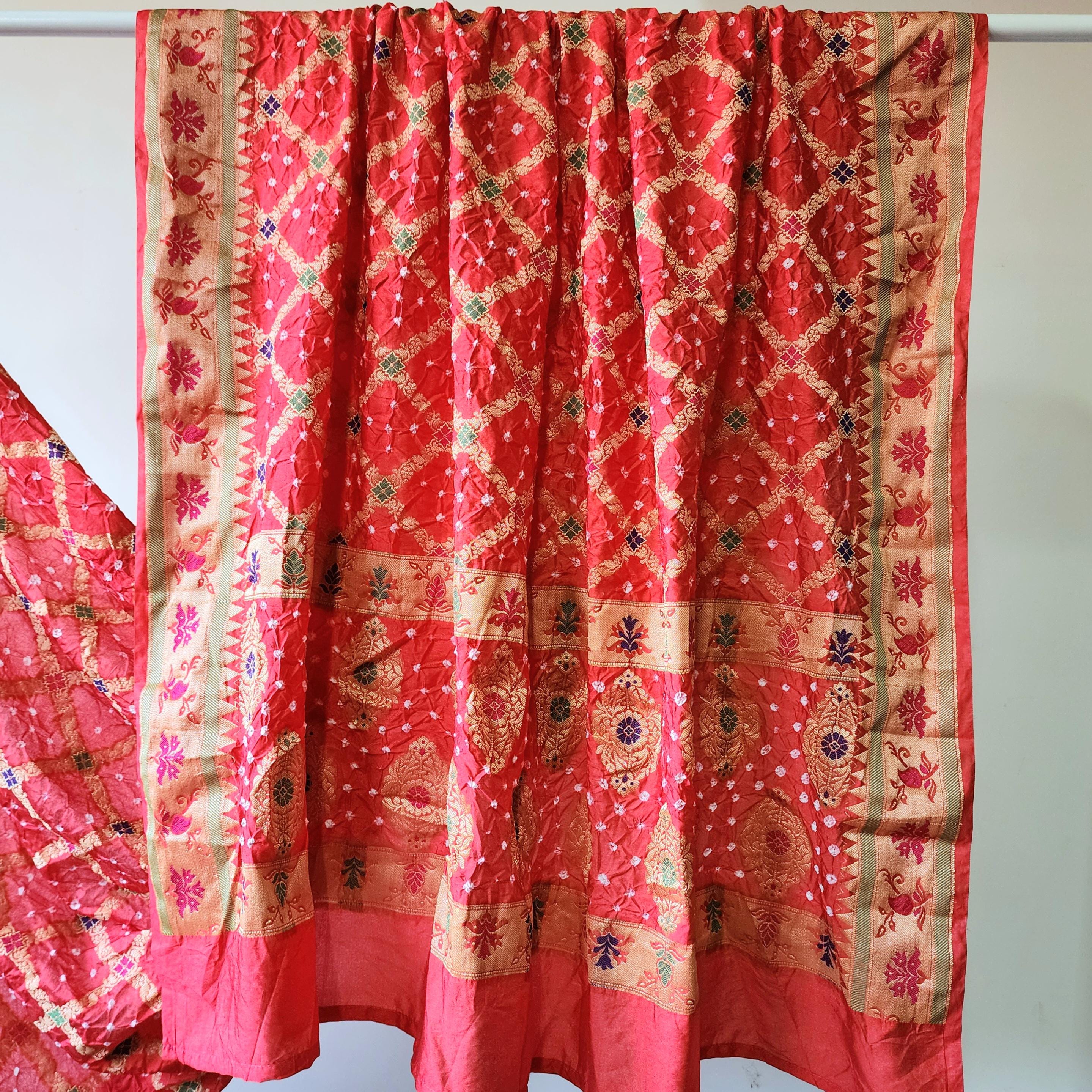 Tomato Red Bandhni Dupatta with Golden Border & Banarasi Meenakari Work