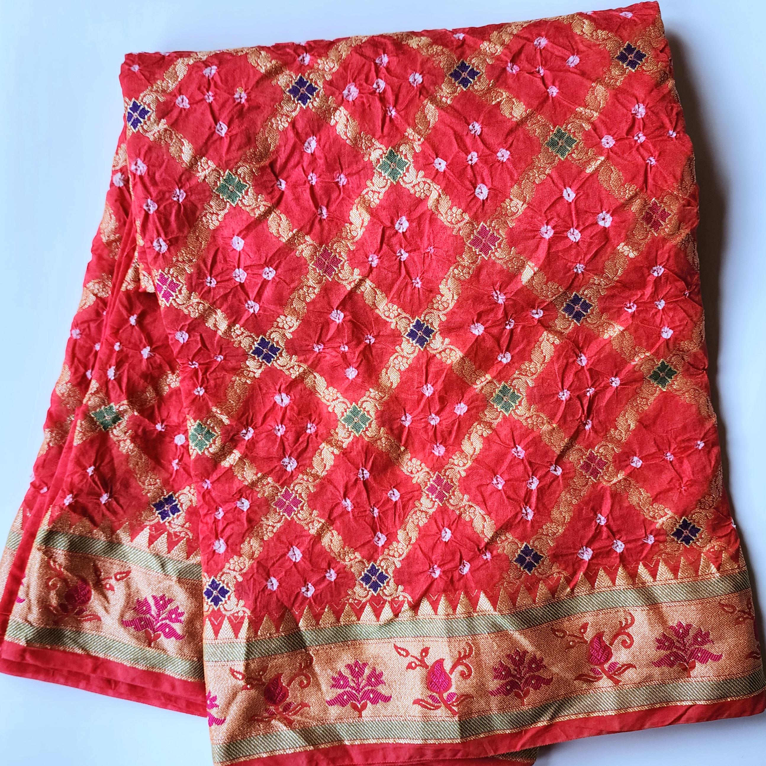Tomato Red Bandhni Dupatta with Golden Border & Banarasi Meenakari Work
