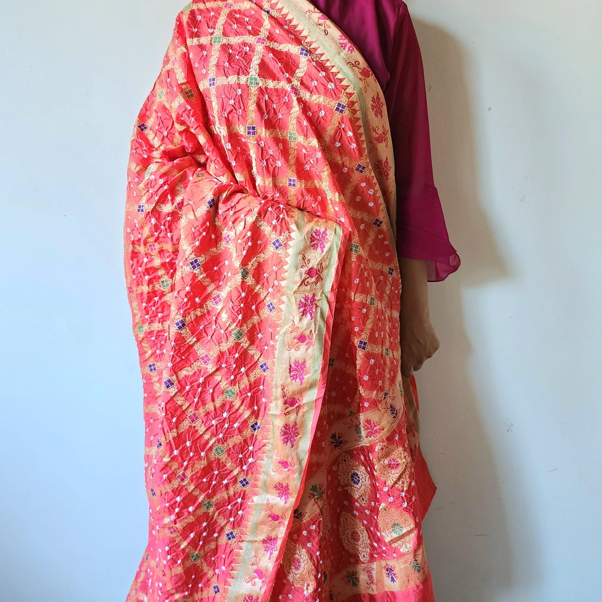 Tomato Red Bandhni Dupatta with Golden Border & Banarasi Meenakari Work
