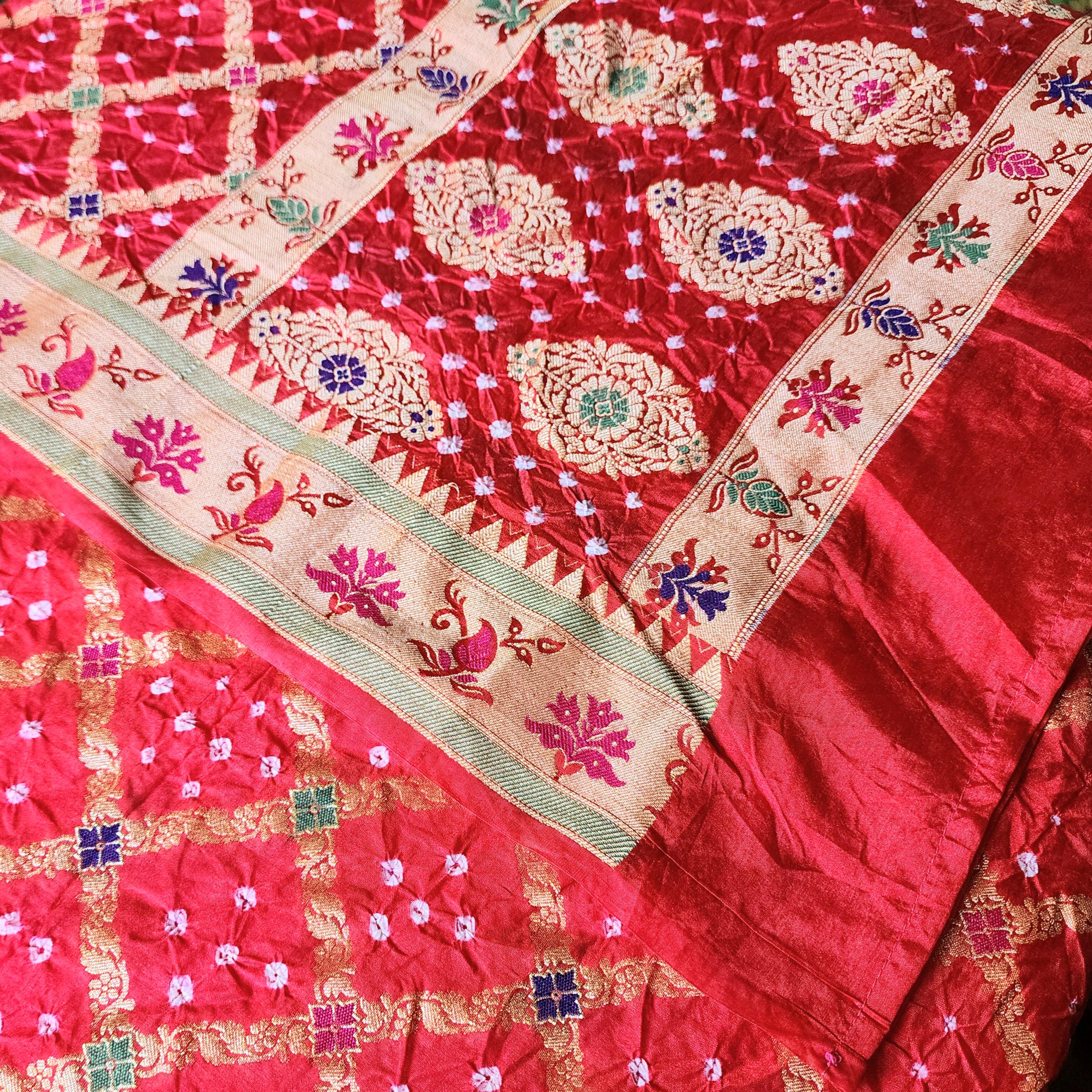 Tomato Red Bandhni Dupatta with Golden Border & Banarasi Meenakari Work