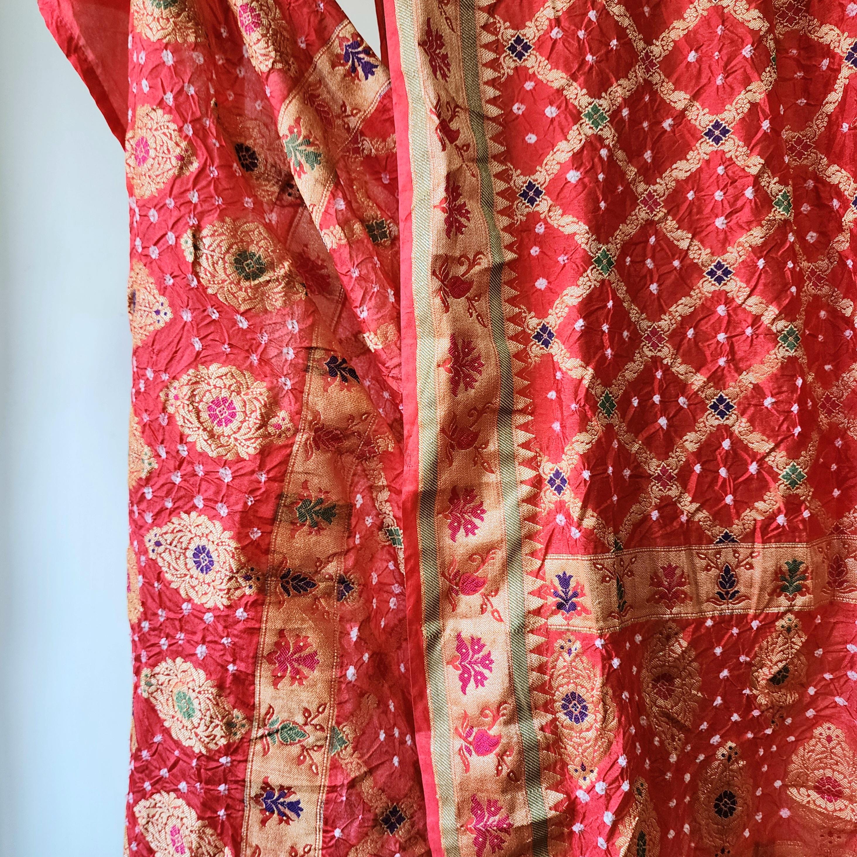Tomato Red Bandhni Dupatta with Golden Border & Banarasi Meenakari Work