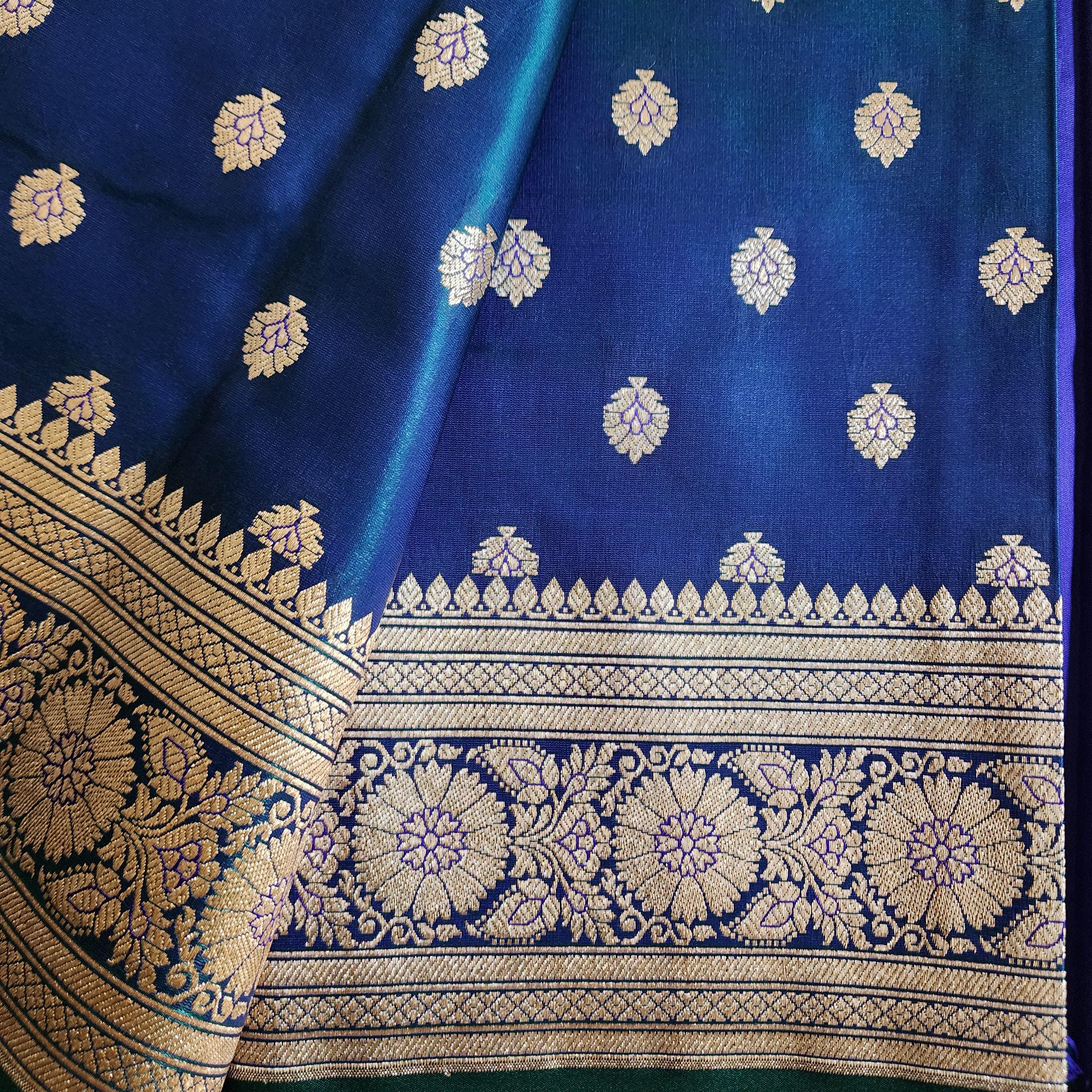 Royal Greenish-Blue Banarasi Silk Saree with Golden Zari Weave