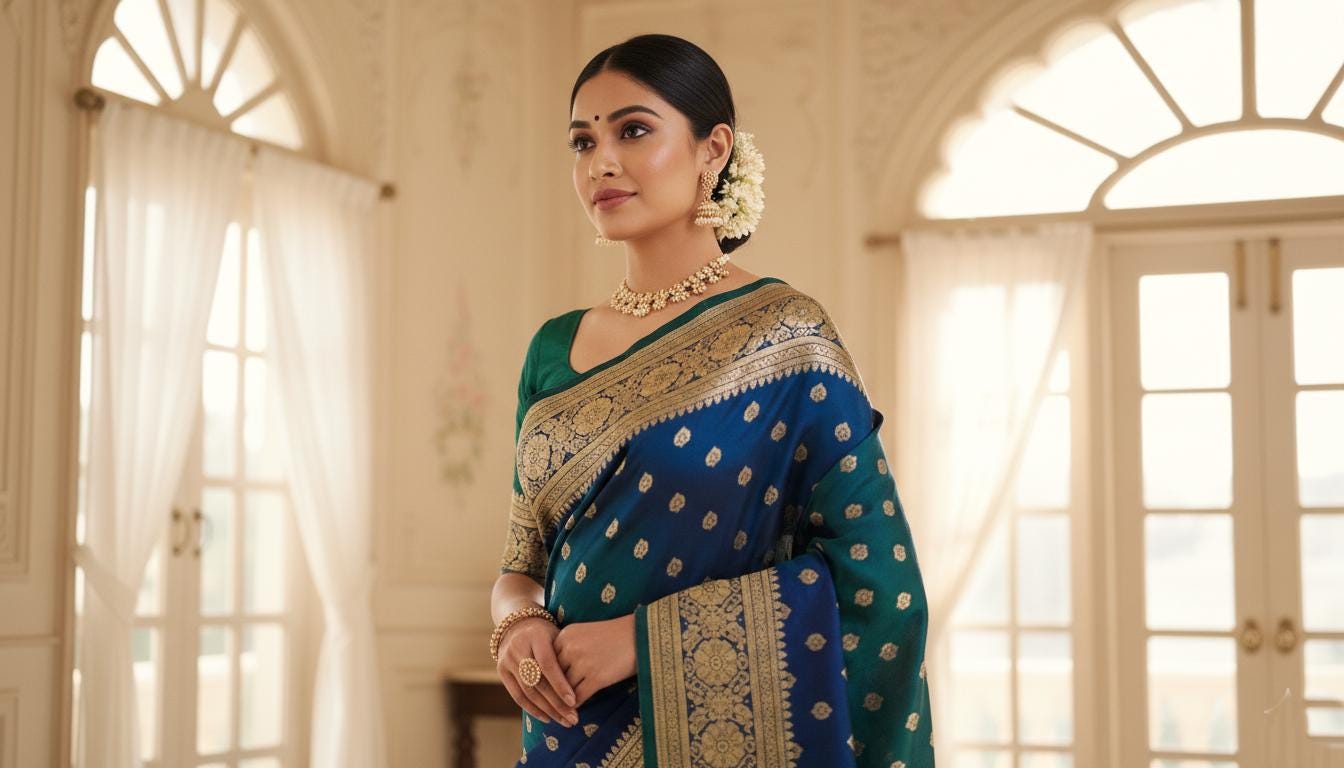 Royal Greenish-Blue Banarasi Silk Saree with Golden Zari Weave