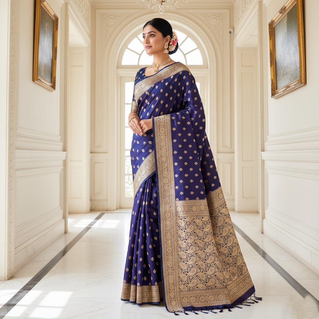 Royal Purple Blue Banarasi Silk Saree with Golden Zari Weave