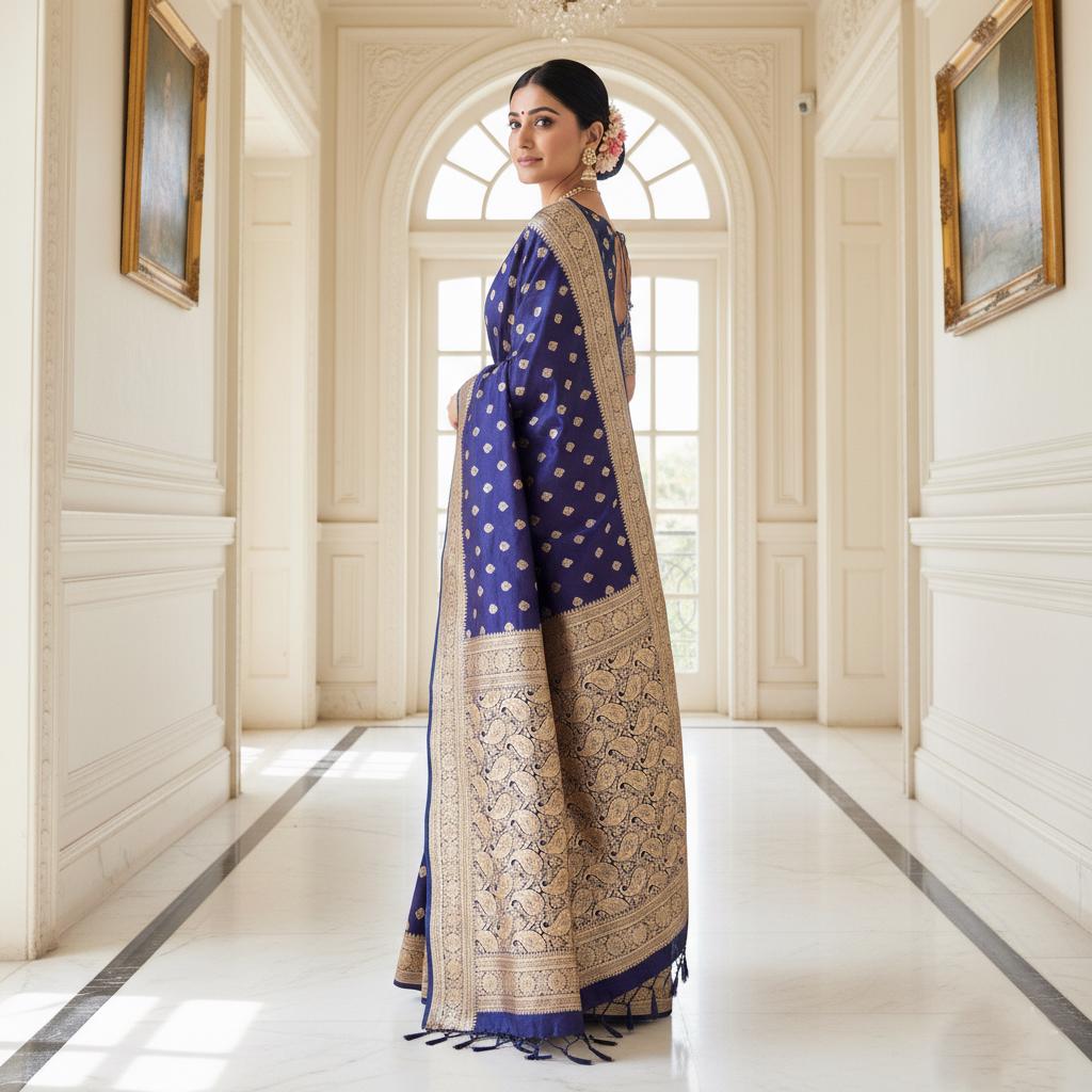 Royal Purple Blue Banarasi Silk Saree with Golden Zari Weave