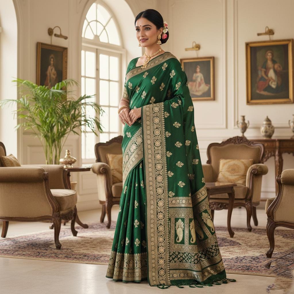 Exquisite Emerald Green, Pure Banarasi Katan Silk Saree with Rich Gold & Silver Zari Weaving