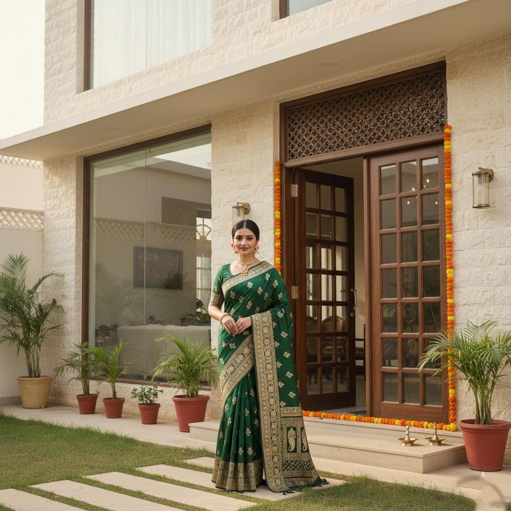 Exquisite Emerald Green, Pure Banarasi Katan Silk Saree with Rich Gold & Silver Zari Weaving