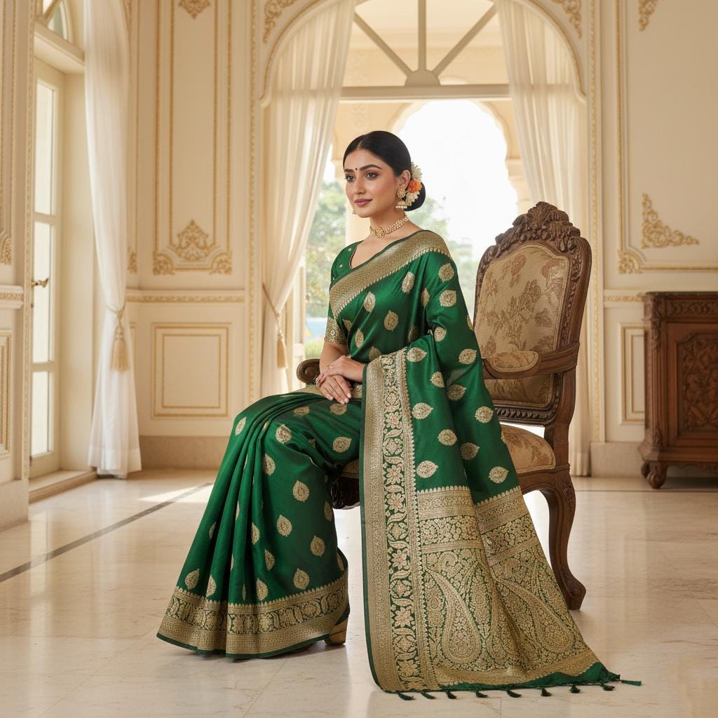 Royal Emerald Green, Pure Banarasi Katan Silk Saree with Rich Gold & Silver Zari Weaving