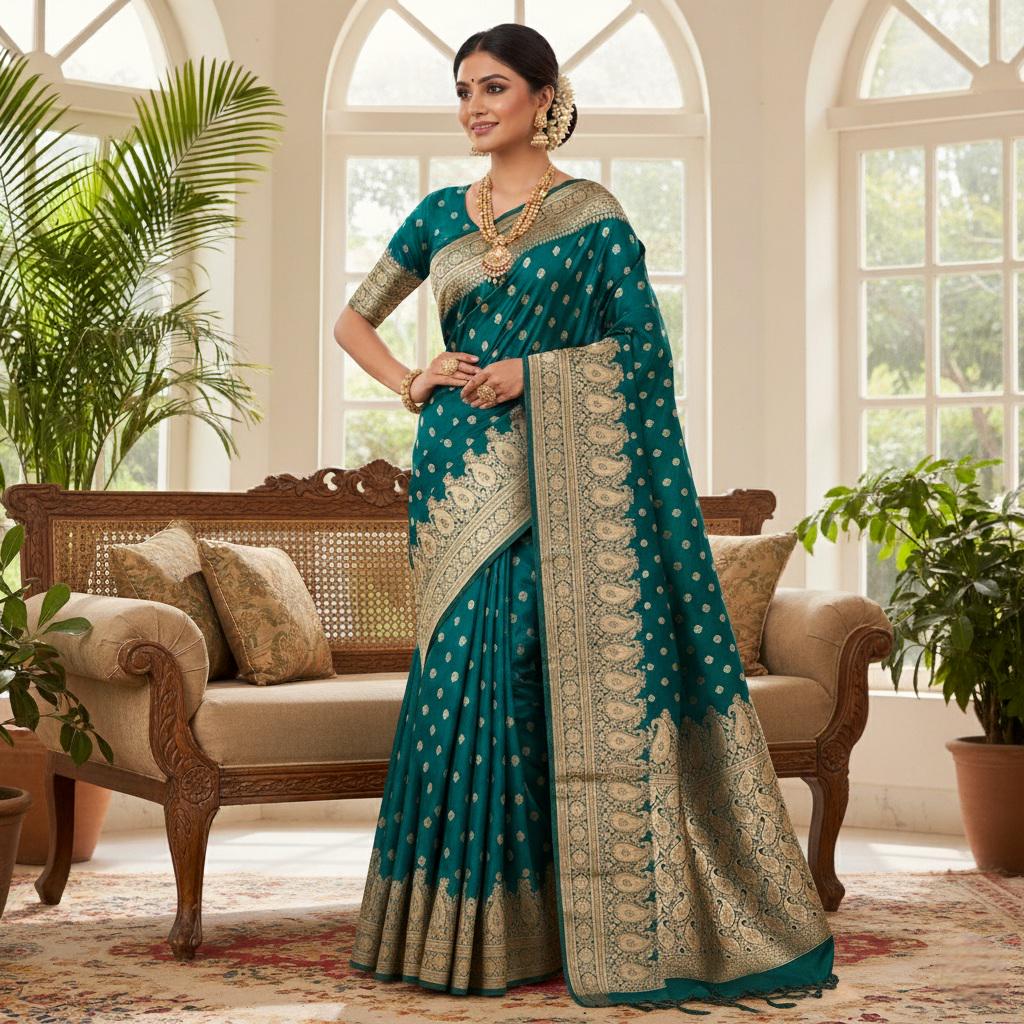 Royal Turquoise Green Banarasi Silk Saree with Golden Zari Weave