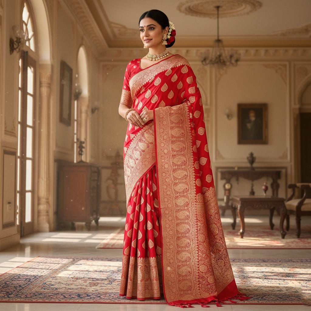Coral Red, Pure Banarasi Katan Silk Saree with Rich Zari Weaving