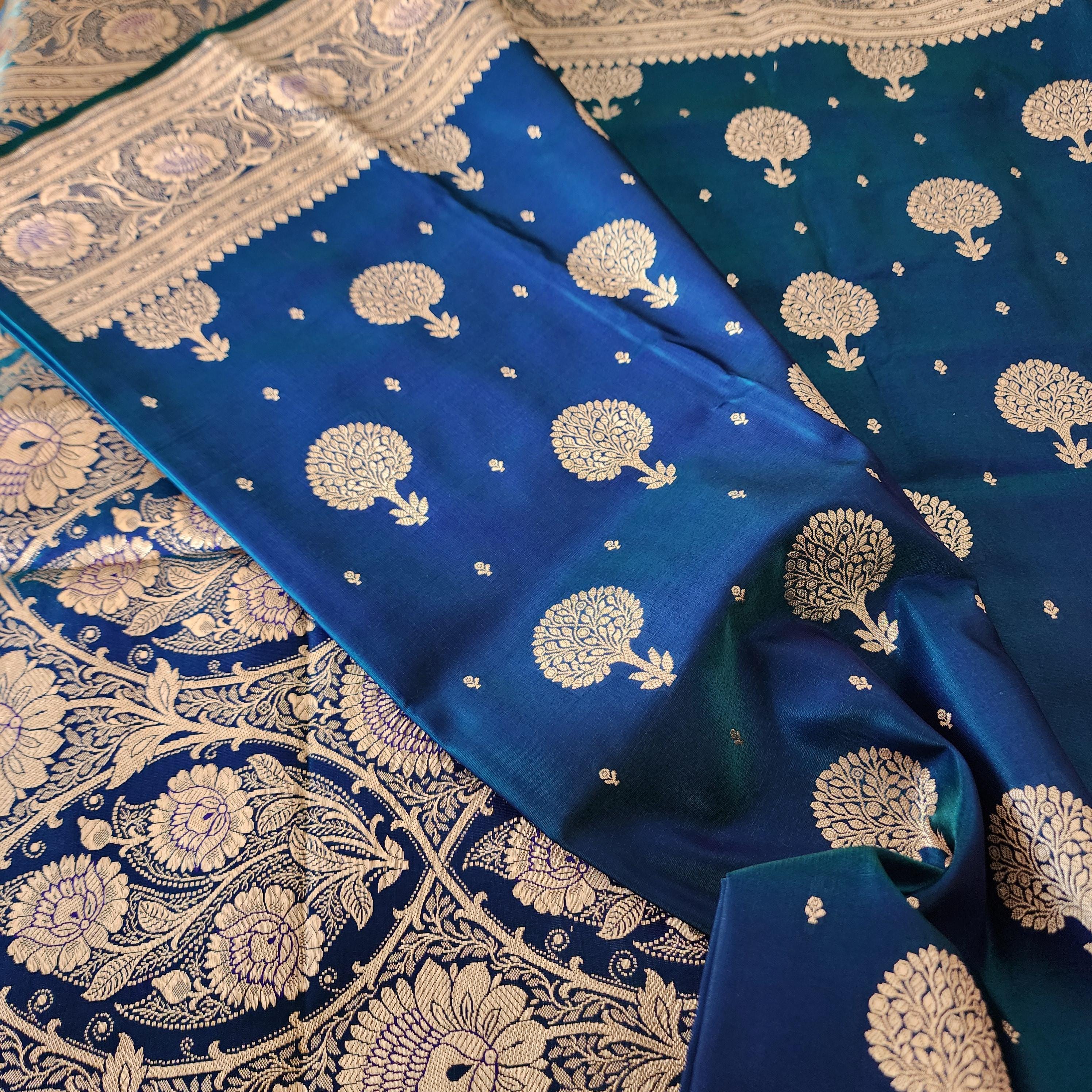 Deep Peacock Blue Pure Banarasi Katan Silk Saree with Rich Zari Weaving