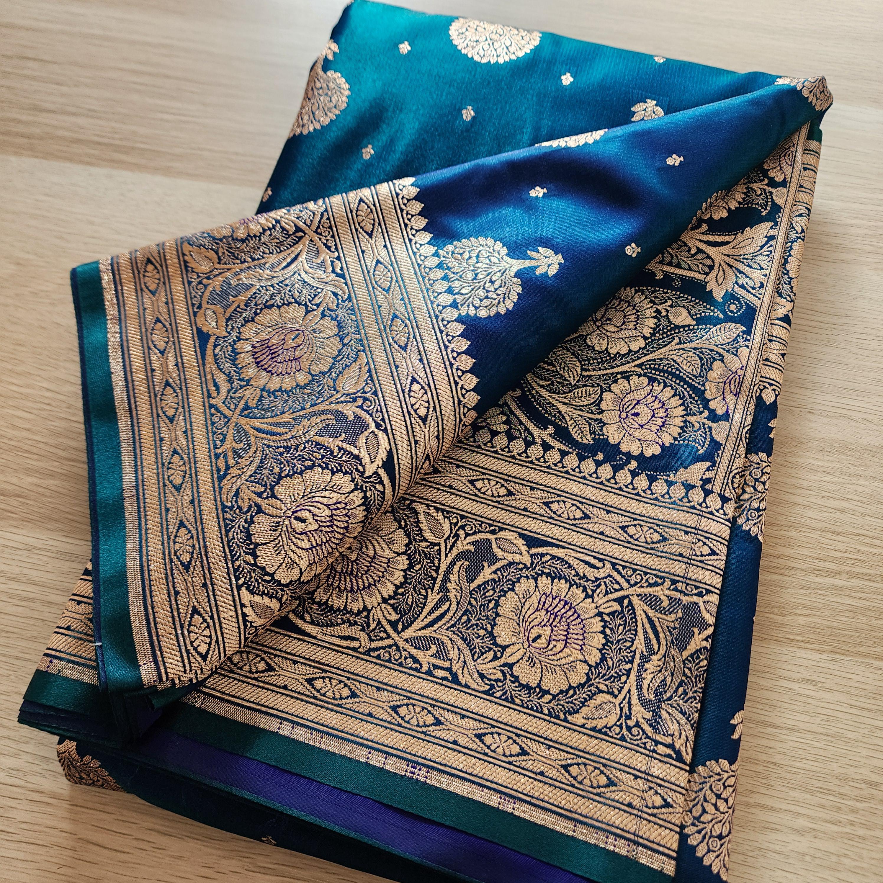 Deep Peacock Blue Pure Banarasi Katan Silk Saree with Rich Zari Weaving