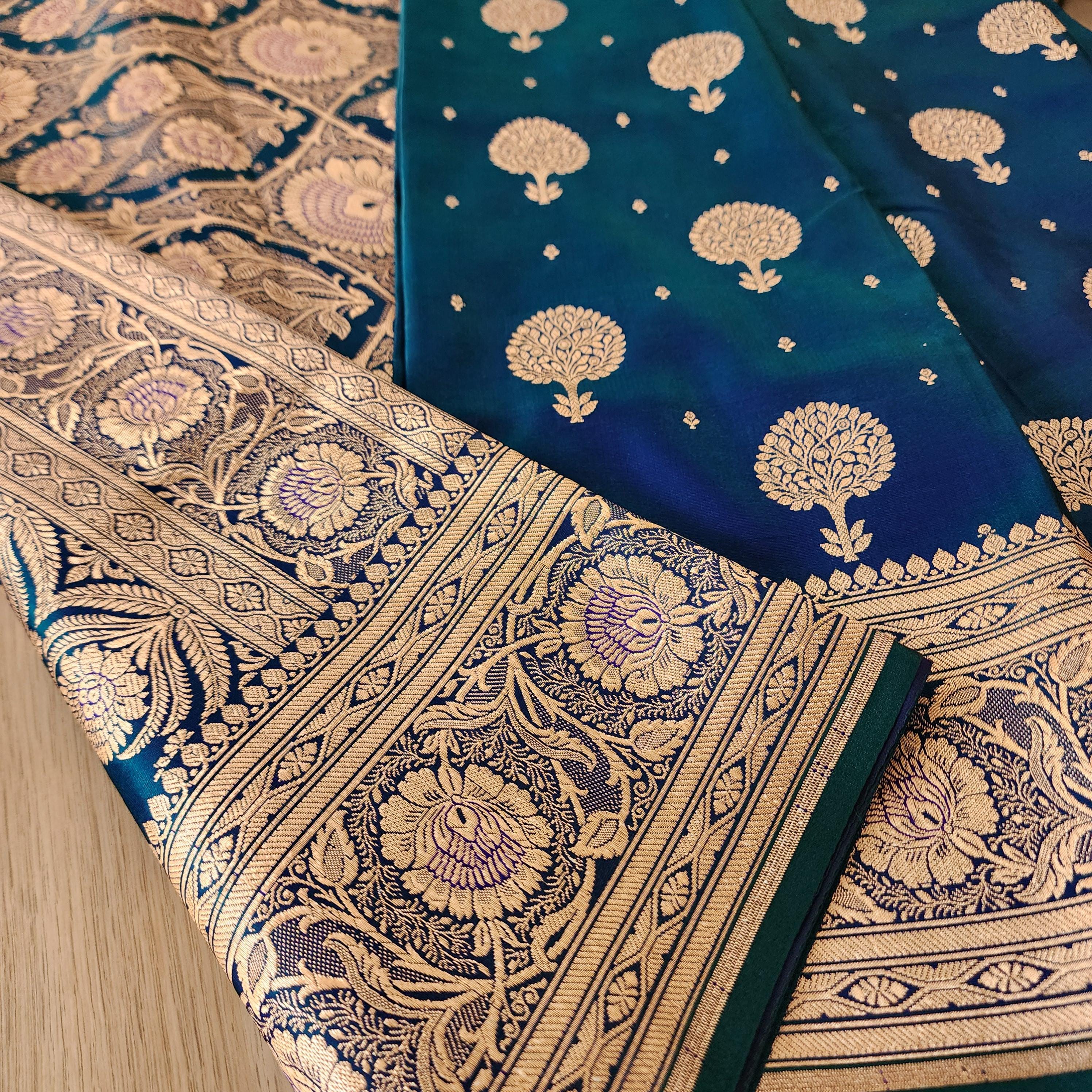 Deep Peacock Blue Pure Banarasi Katan Silk Saree with Rich Zari Weaving