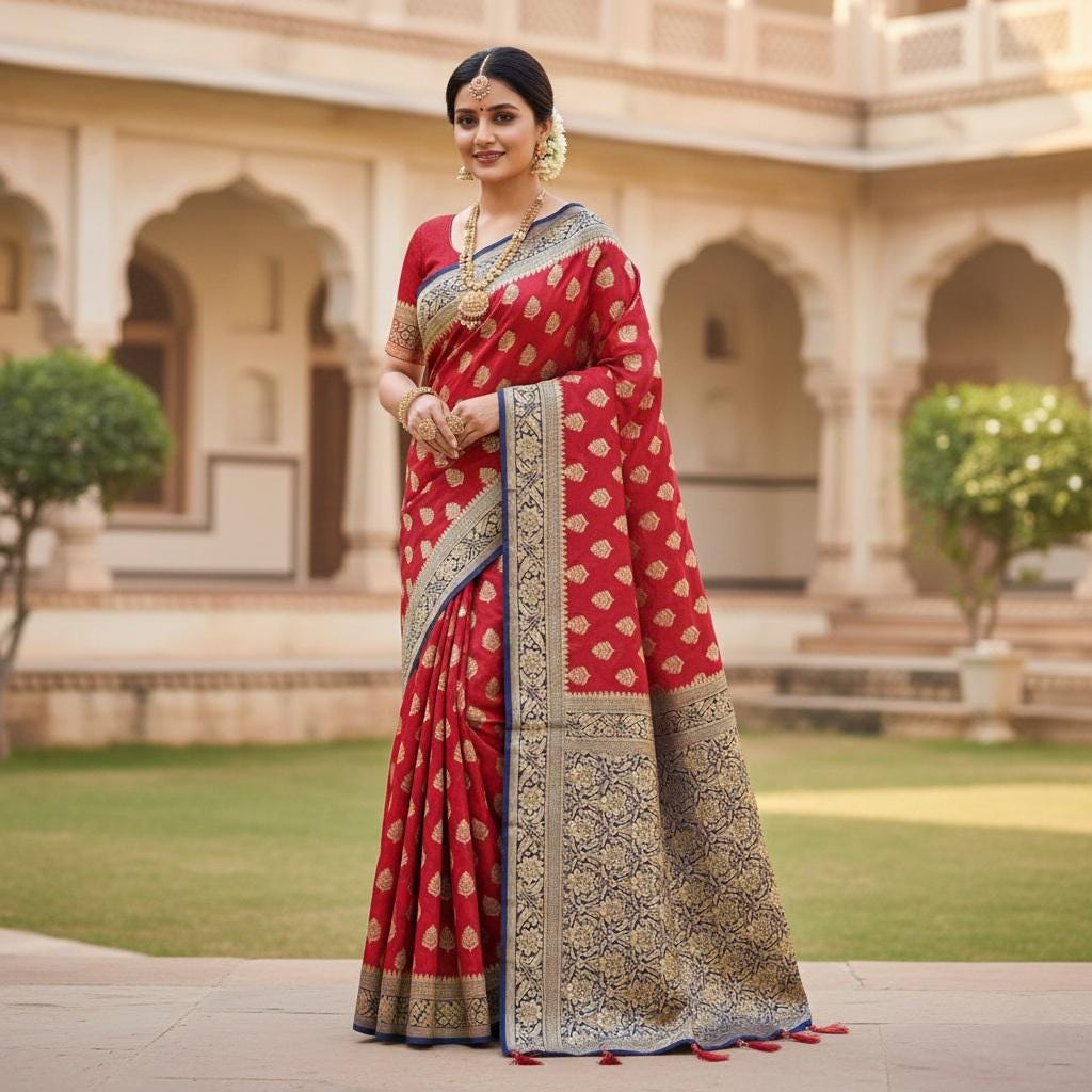 Maroon-Navy Blue Dual Tone Khaddi Georgette Banarasi Saree