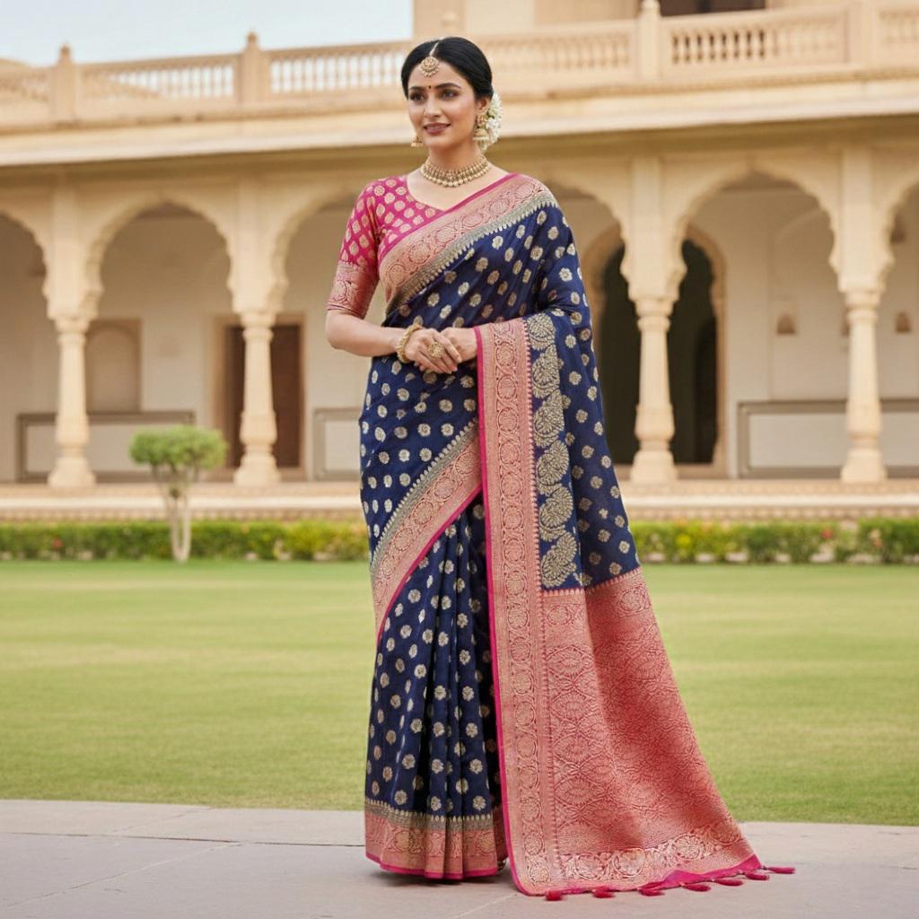 Sophisticated Navy Blue & Pink Khaddi Georgette Banarasi Saree Light, Elegant, and Flowy