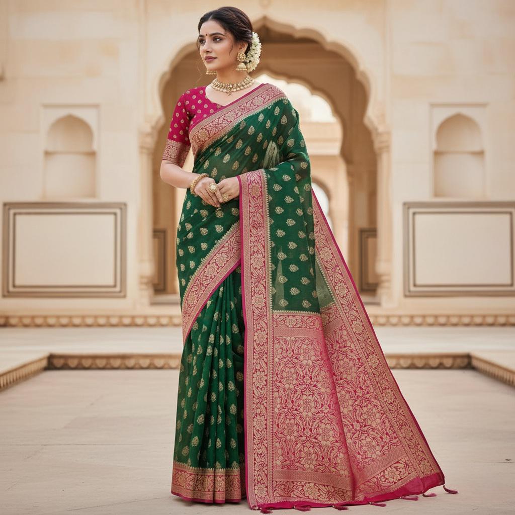Enchanting Dual-Tone Green & Pink Khaddi Georgette Banarasi Saree Soft, Elegant And Regal