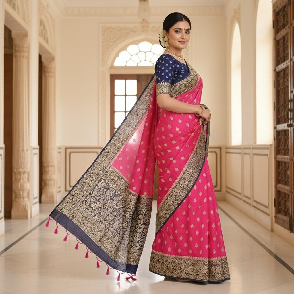 Luxury Pink And Navy Blue Dual-Tone Khaddi Georgette Banarasi Saree Light, Elegant, and Flowy