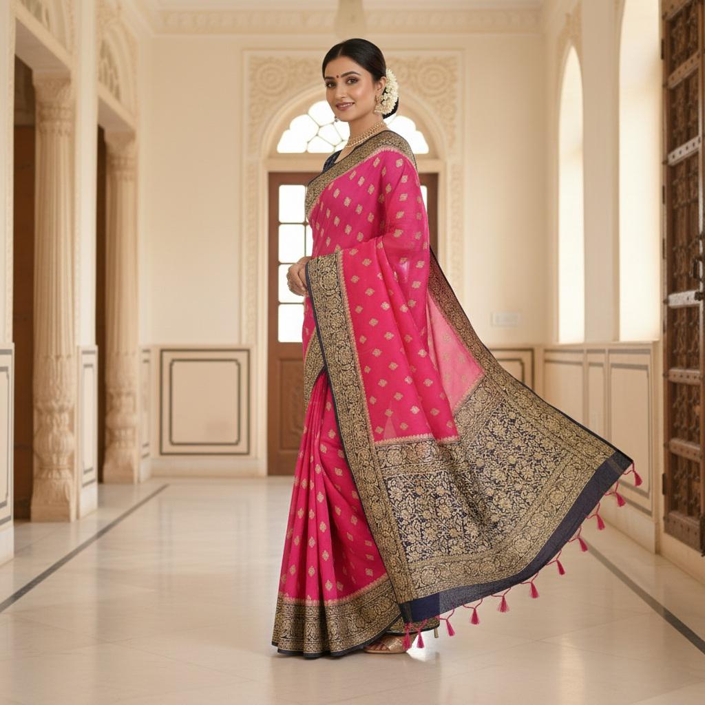 Luxury Pink And Navy Blue Dual-Tone Khaddi Georgette Banarasi Saree Light, Elegant, and Flowy