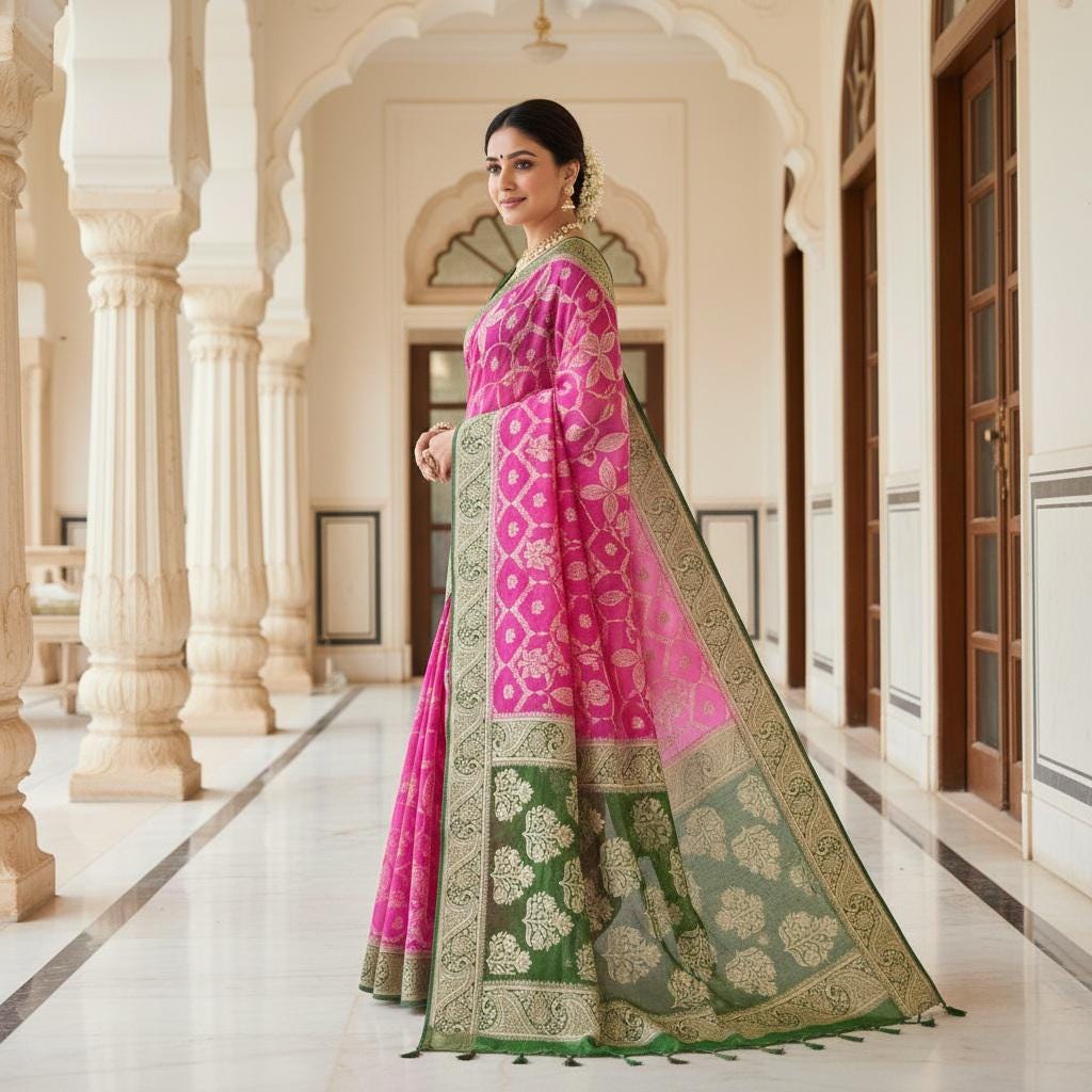 Vibrant Pink Green Dual-Tone Khaddi Georgette Banarasi Saree Light, Elegant, and Flowy