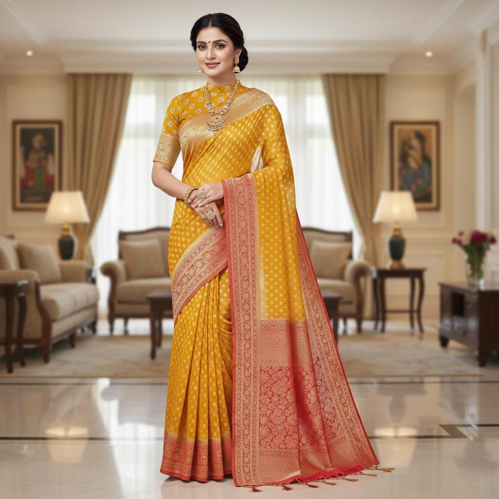 Elegant Yellow-Red Dual Tone Khaddi Georgette Banarasi Saree