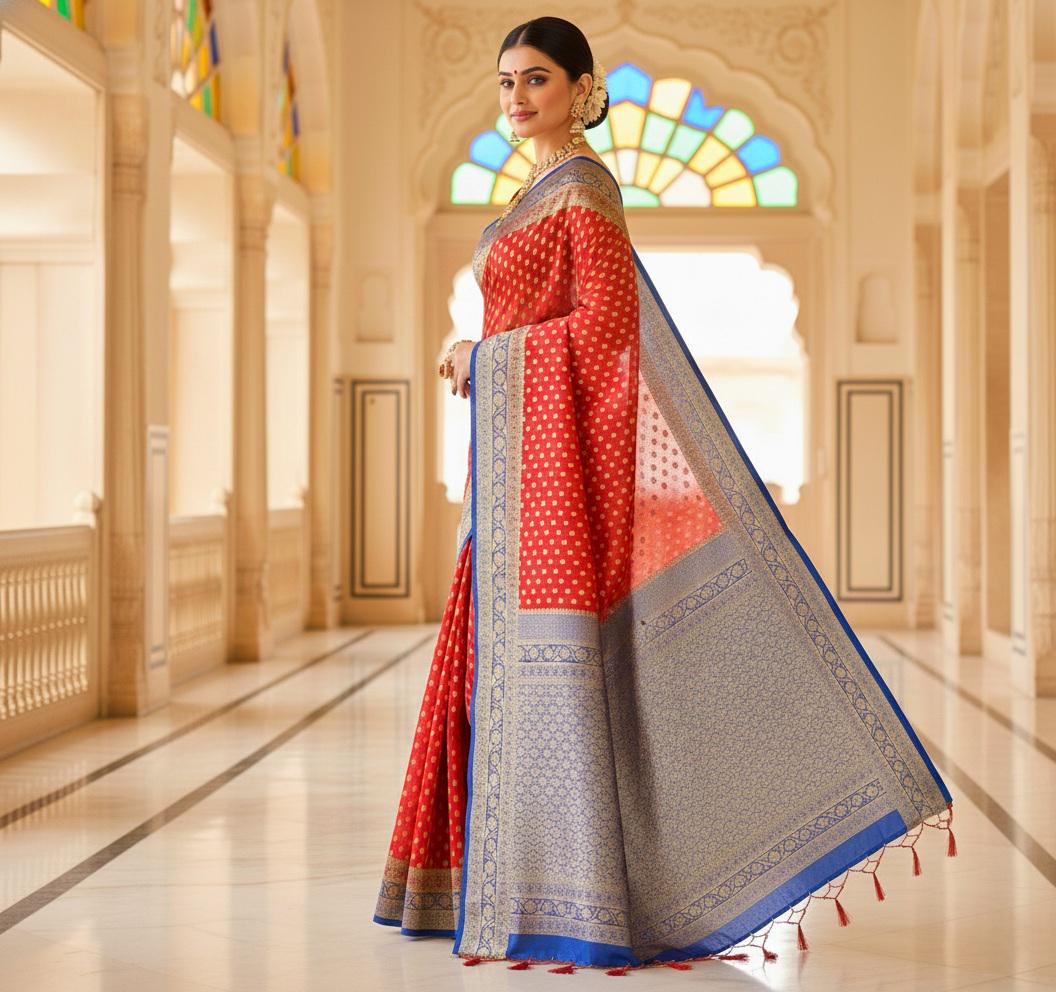 Elegant Red-Blue Dual Tone Khaddi Georgette Banarasi Saree