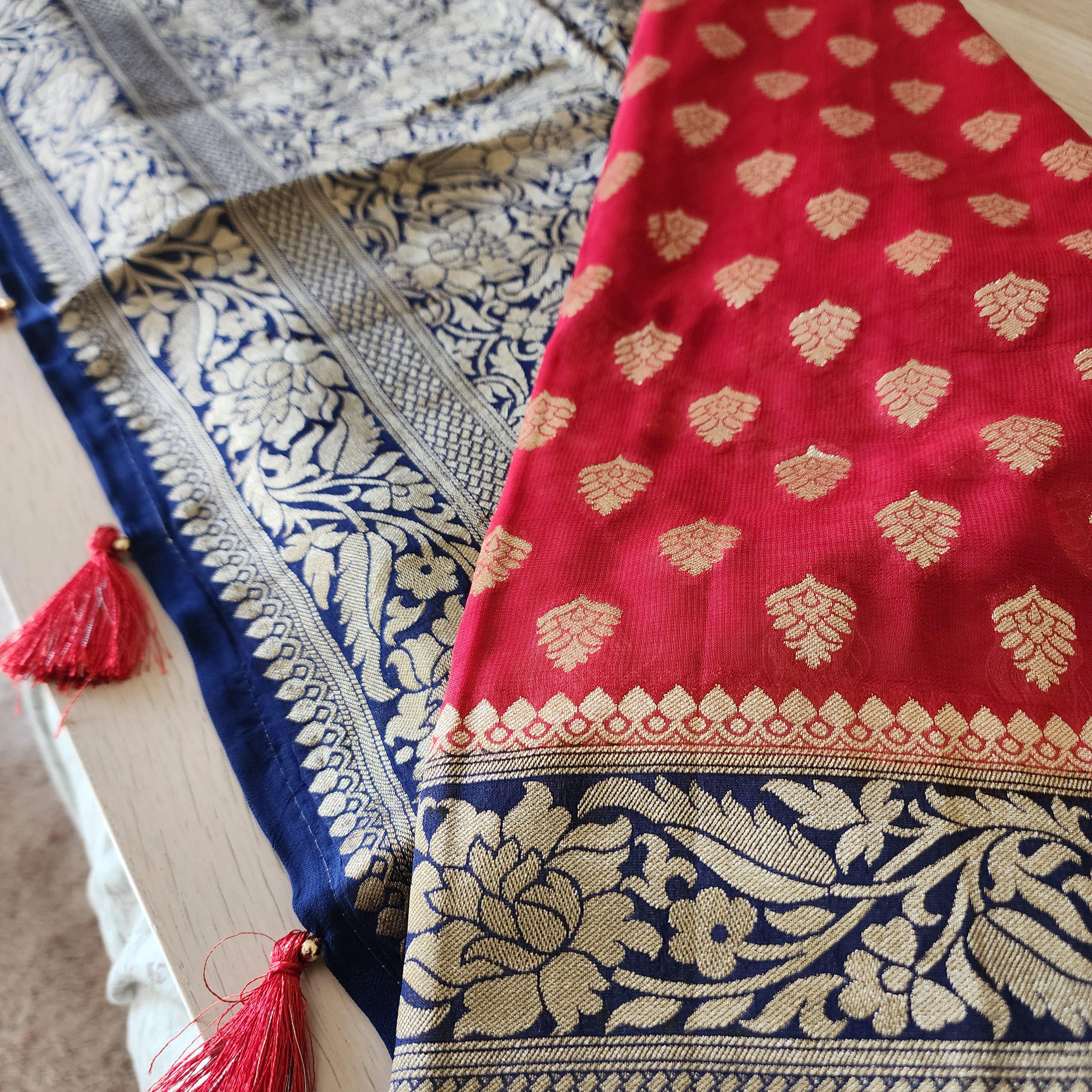 Delicate Dual-Tone Maroon Navy Blue Khaddi Georgette Banarasi Saree Light, Elegant, and Flowy