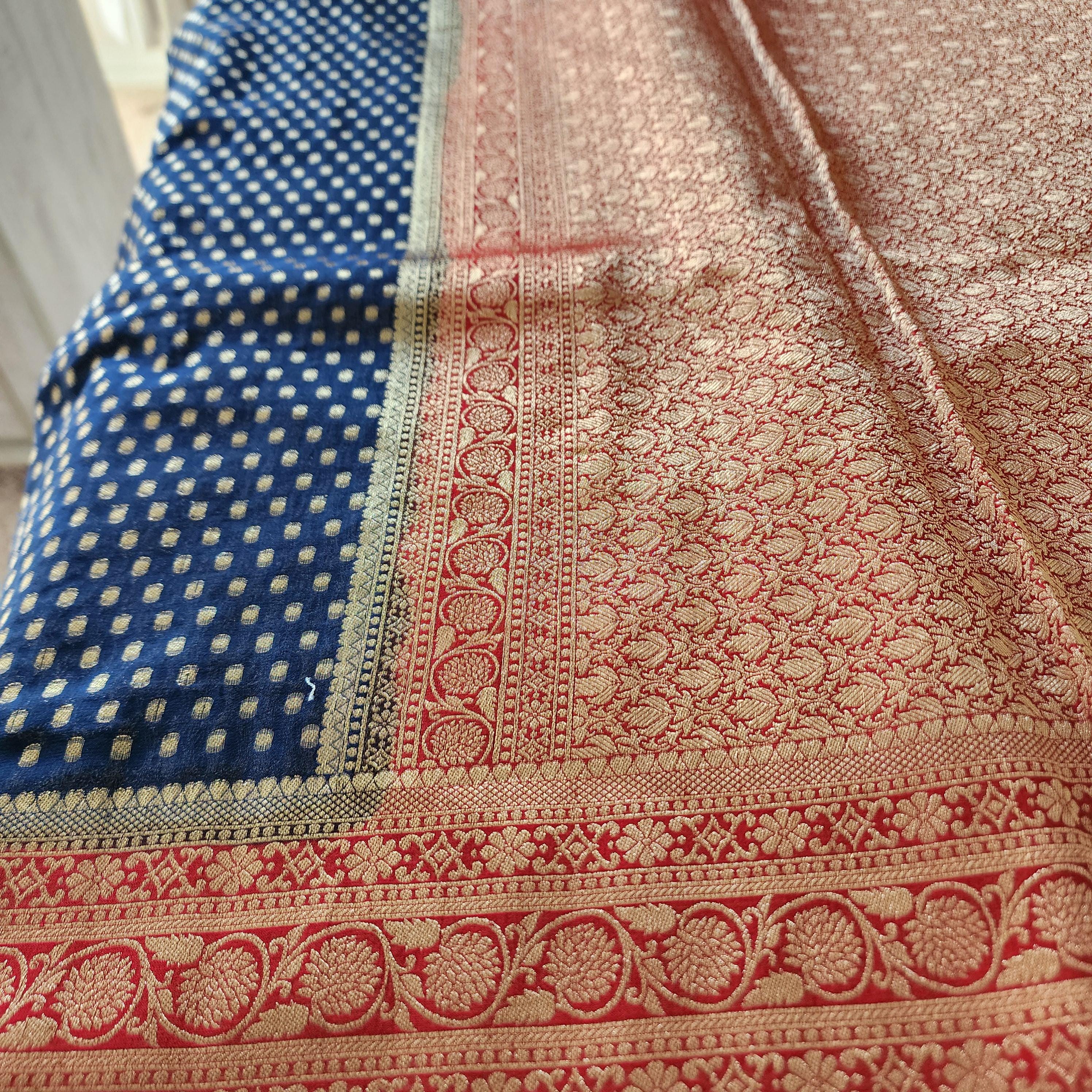 Dazzling Navy Blue & Red Khaddi Georgette Banarasi Saree Light, Elegant, and Flowy