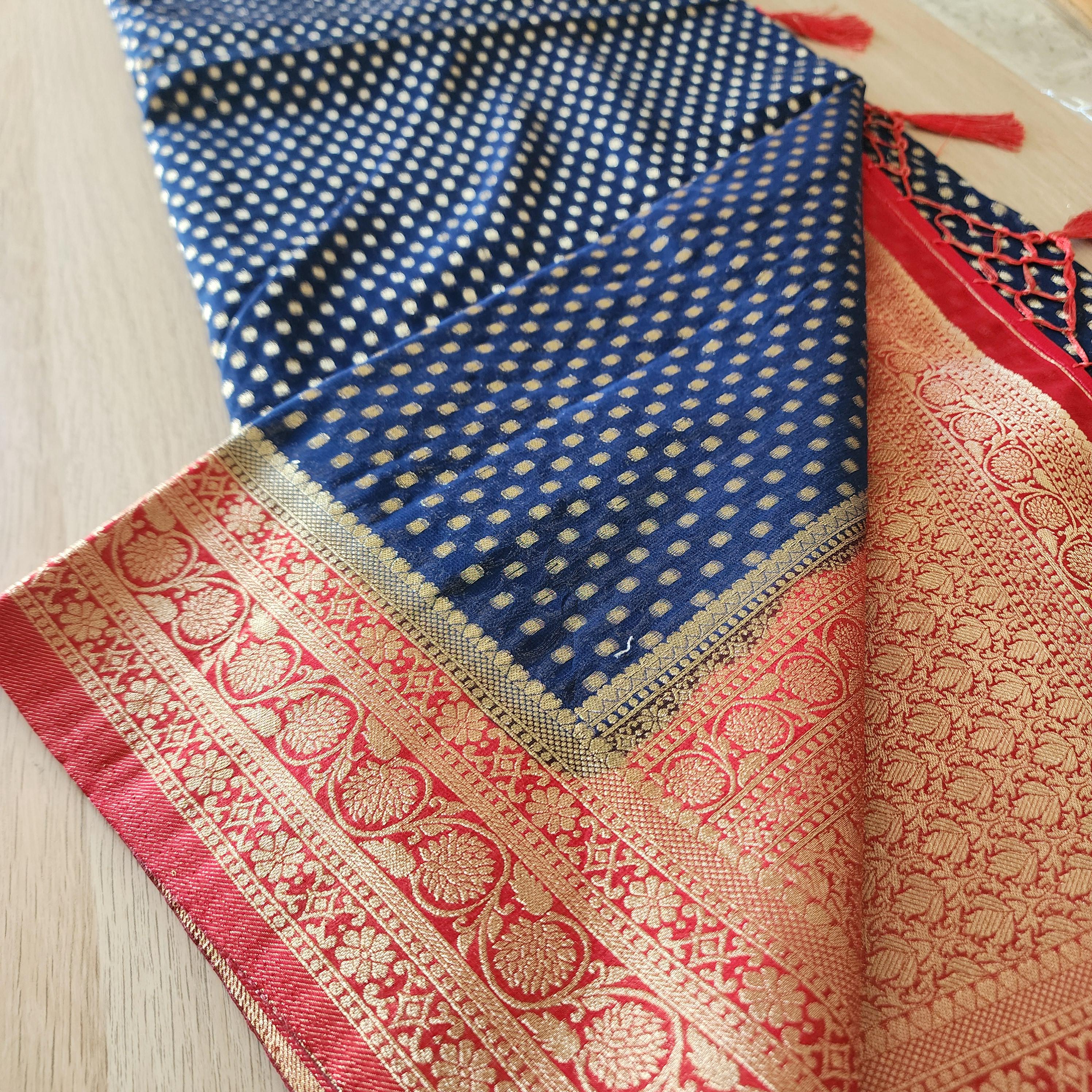 Dazzling Navy Blue & Red Khaddi Georgette Banarasi Saree Light, Elegant, and Flowy