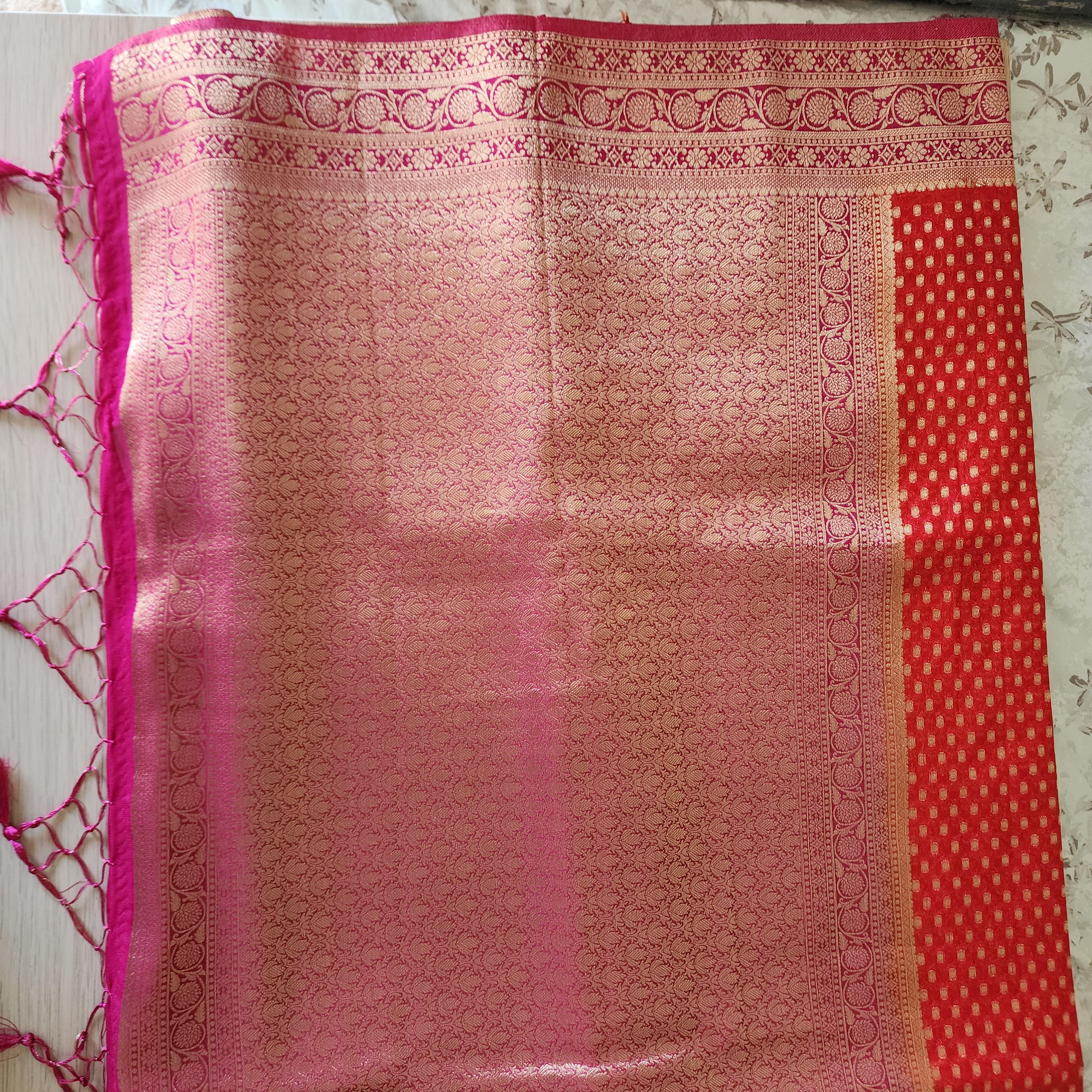 Delicate Dual-Tone Red & Pink Khaddi Georgette Banarasi Saree Light, Elegant, and Flowy