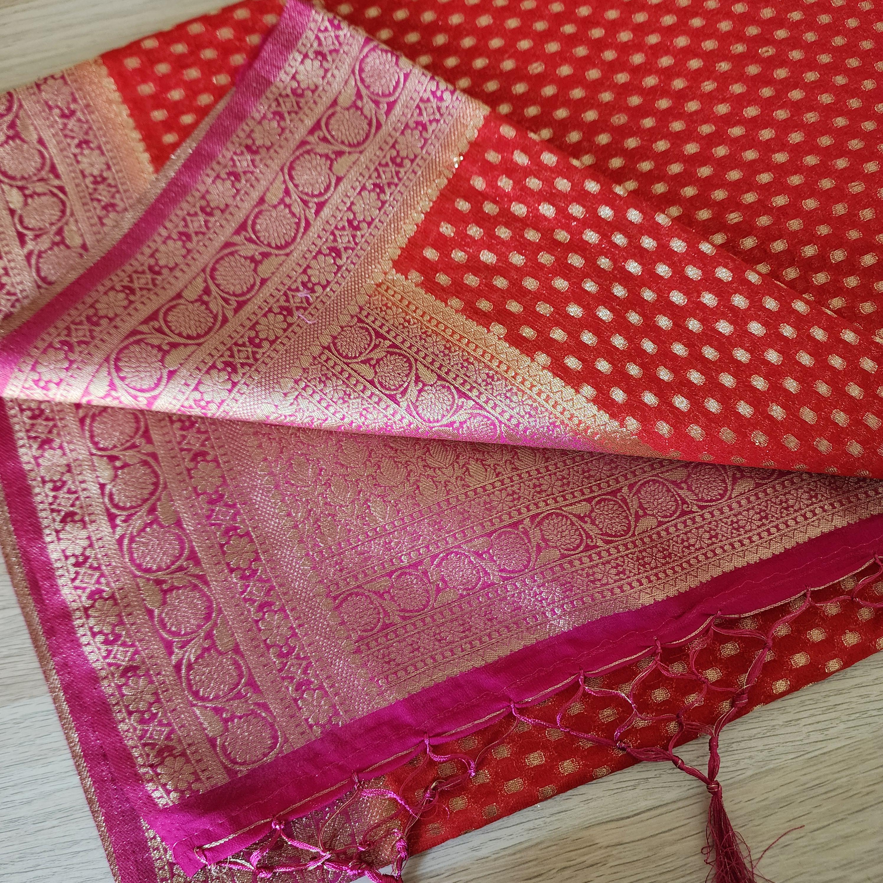 Delicate Dual-Tone Red & Pink Khaddi Georgette Banarasi Saree Light, Elegant, and Flowy