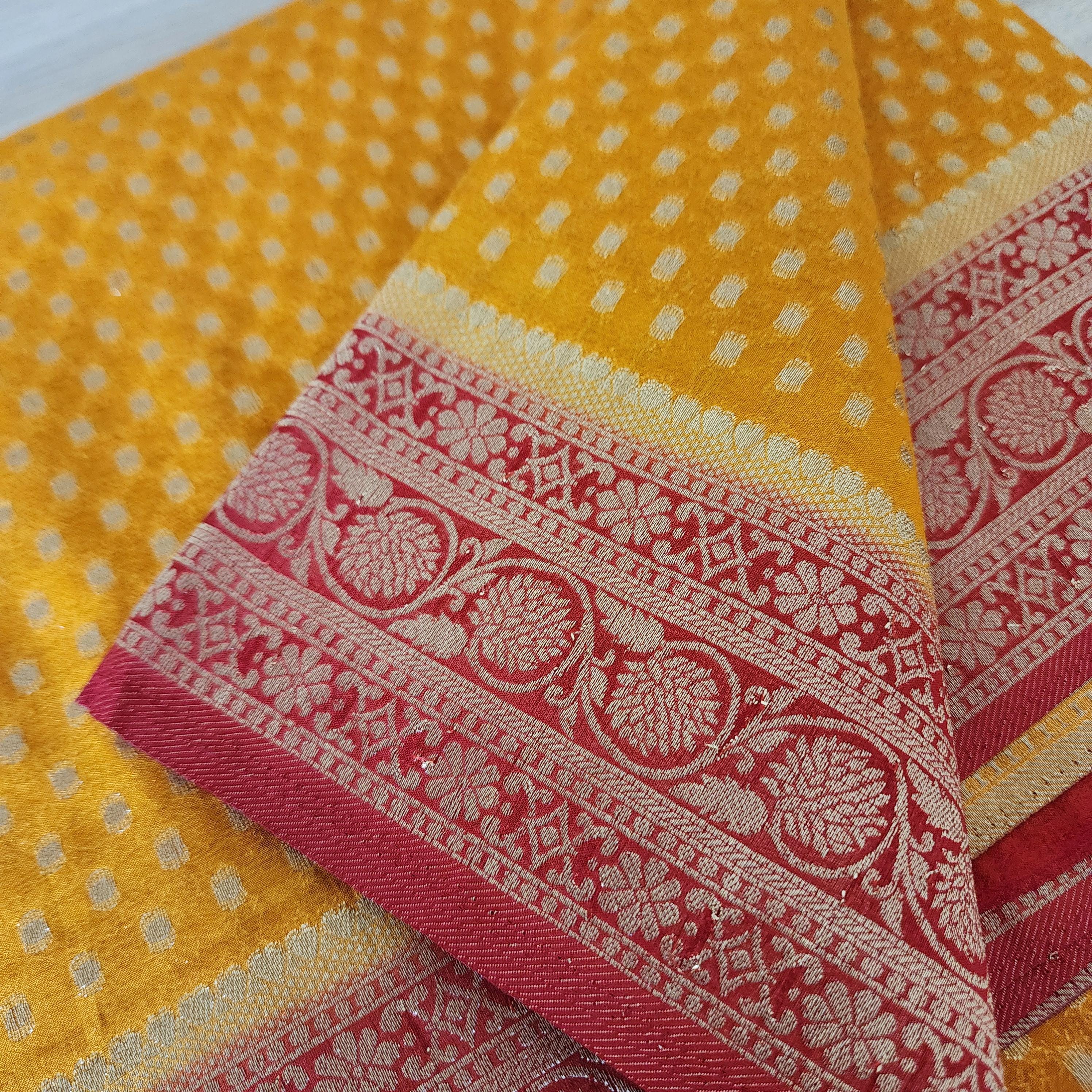 Elegant Yellow-Red Dual Tone Khaddi Georgette Banarasi Saree