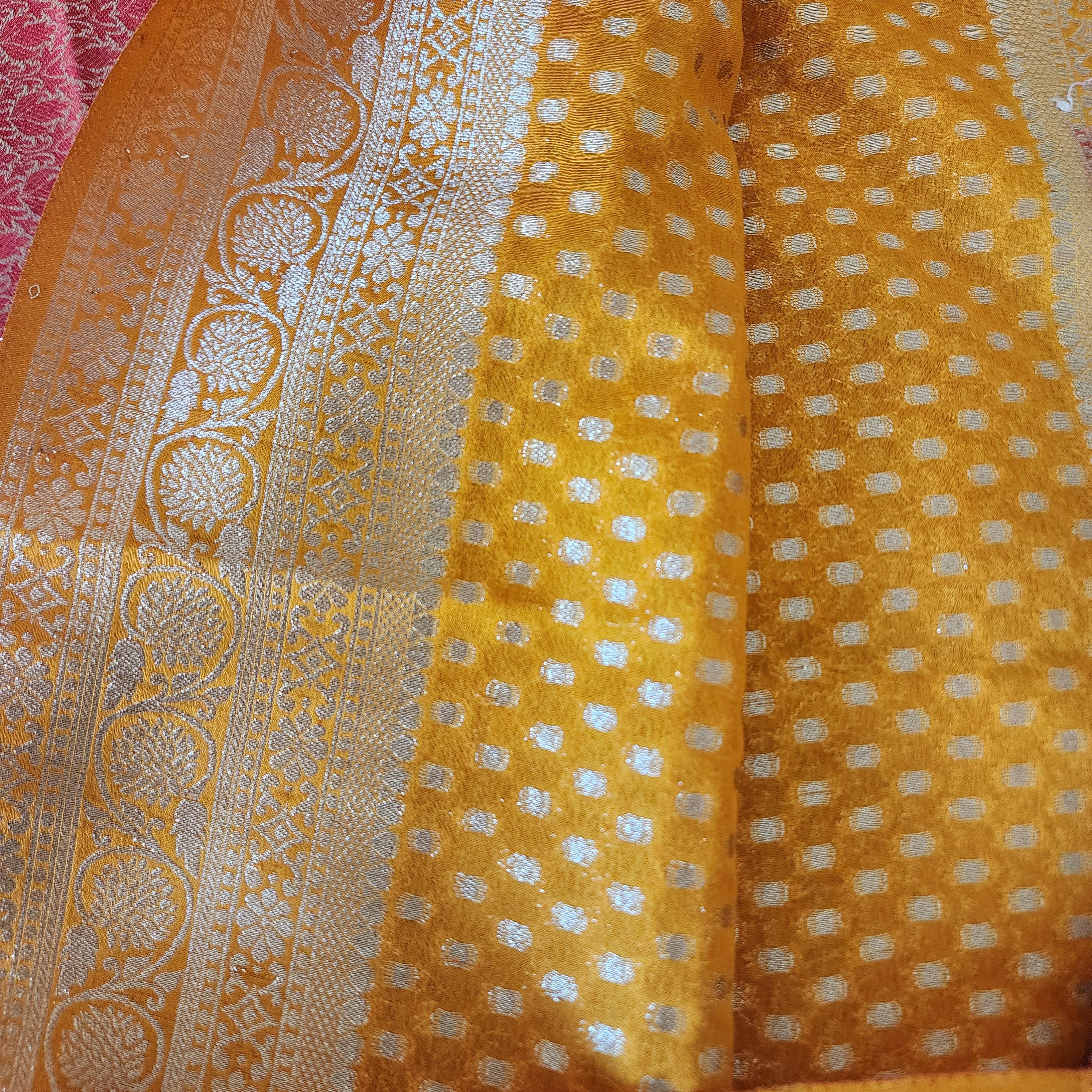 Festive Yellow-Purple Khaddi Georgette Banarasi Saree Soft, Elegant And Regal