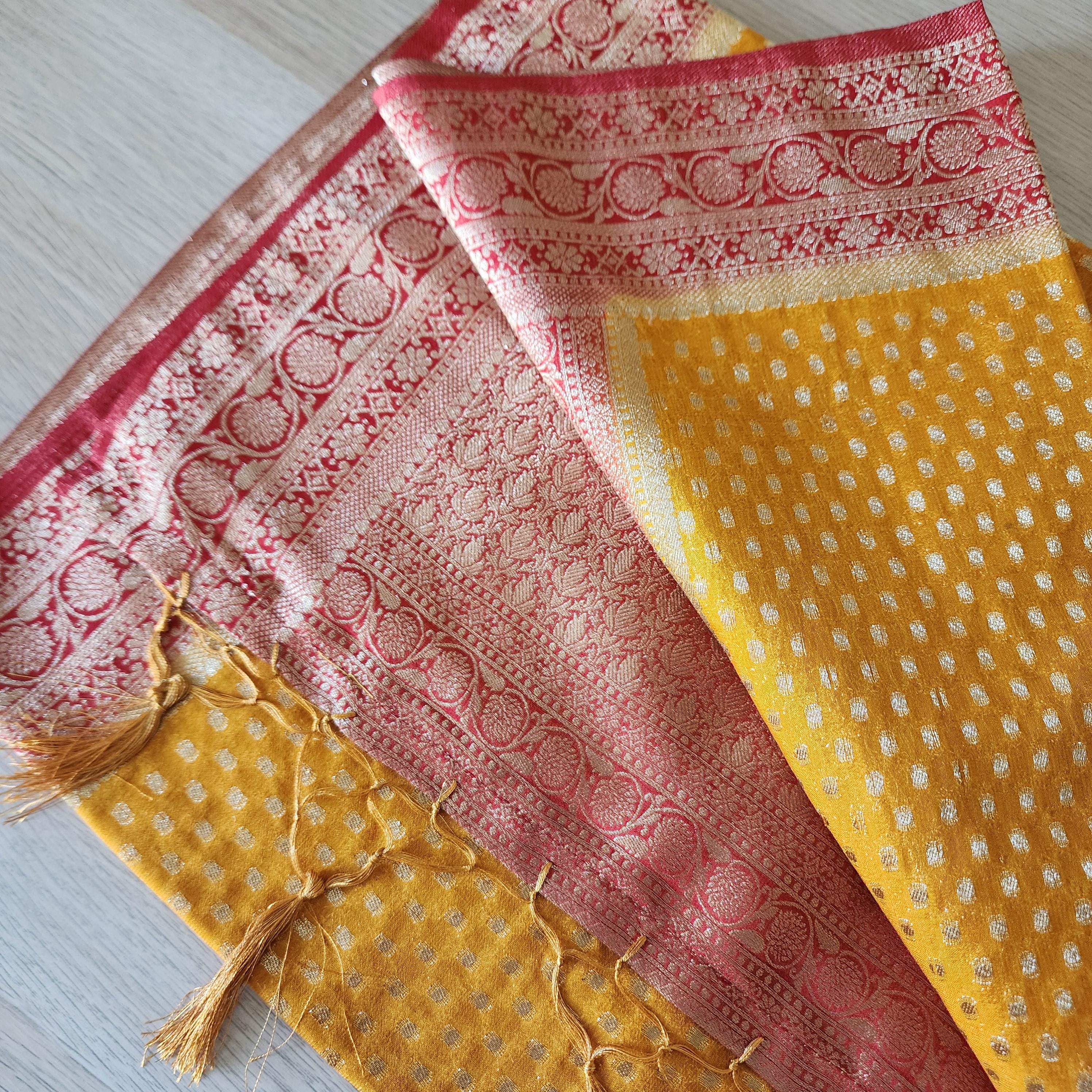 Elegant Yellow-Red Dual Tone Khaddi Georgette Banarasi Saree