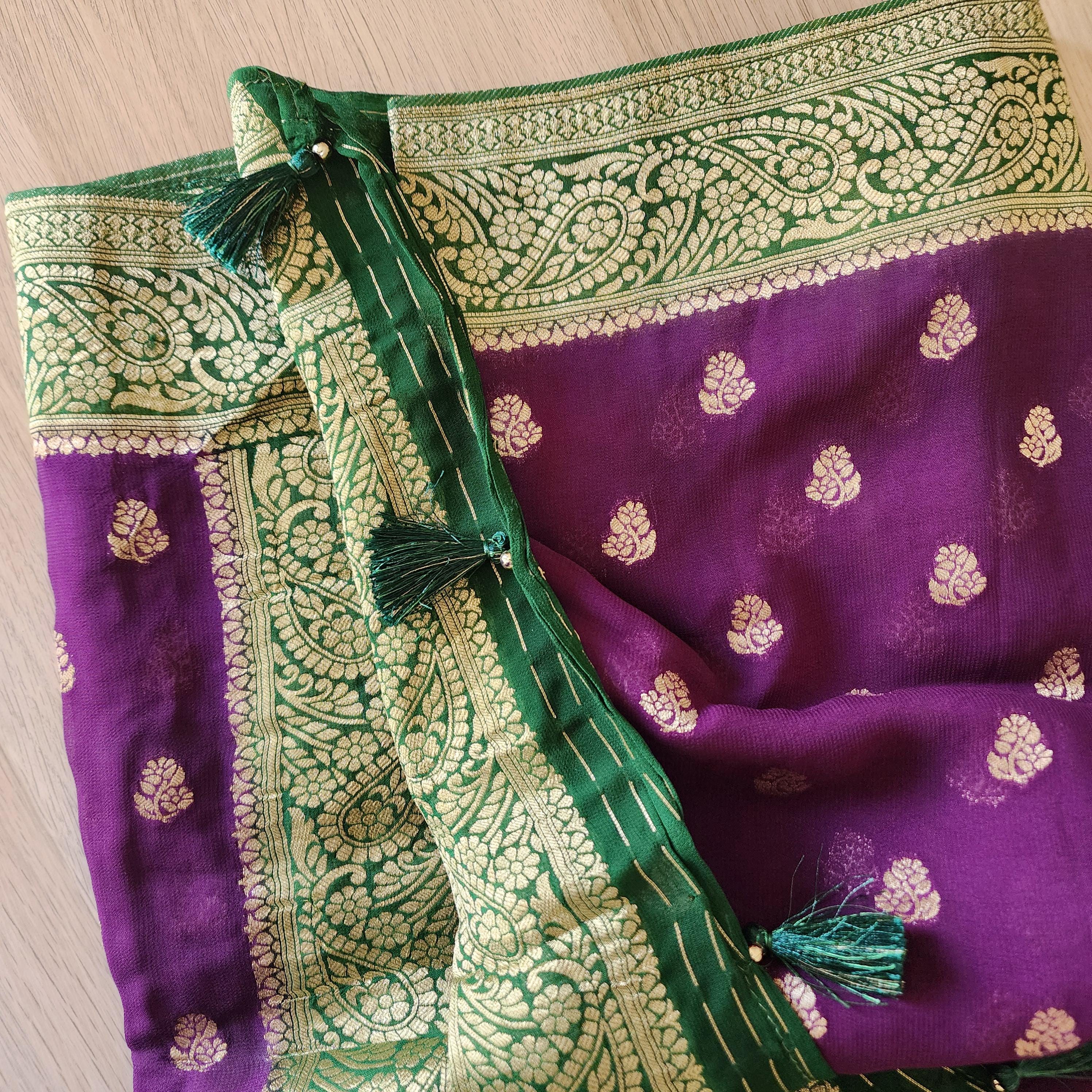Graceful Purple-Green Dual-Tone Khaddi Georgette Banarasi Saree Light, Elegant, and Flowy