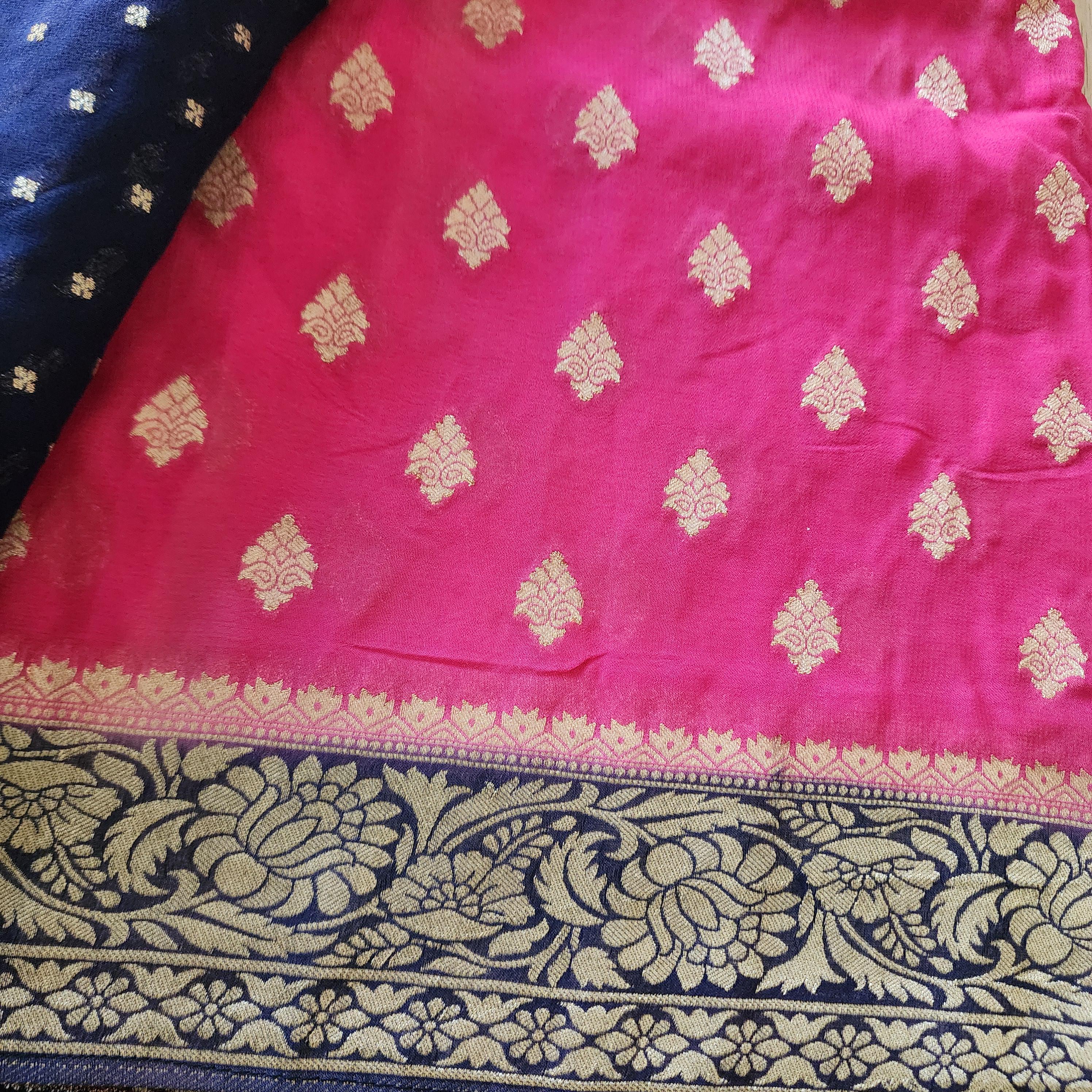 Luxury Pink And Navy Blue Dual-Tone Khaddi Georgette Banarasi Saree Light, Elegant, and Flowy