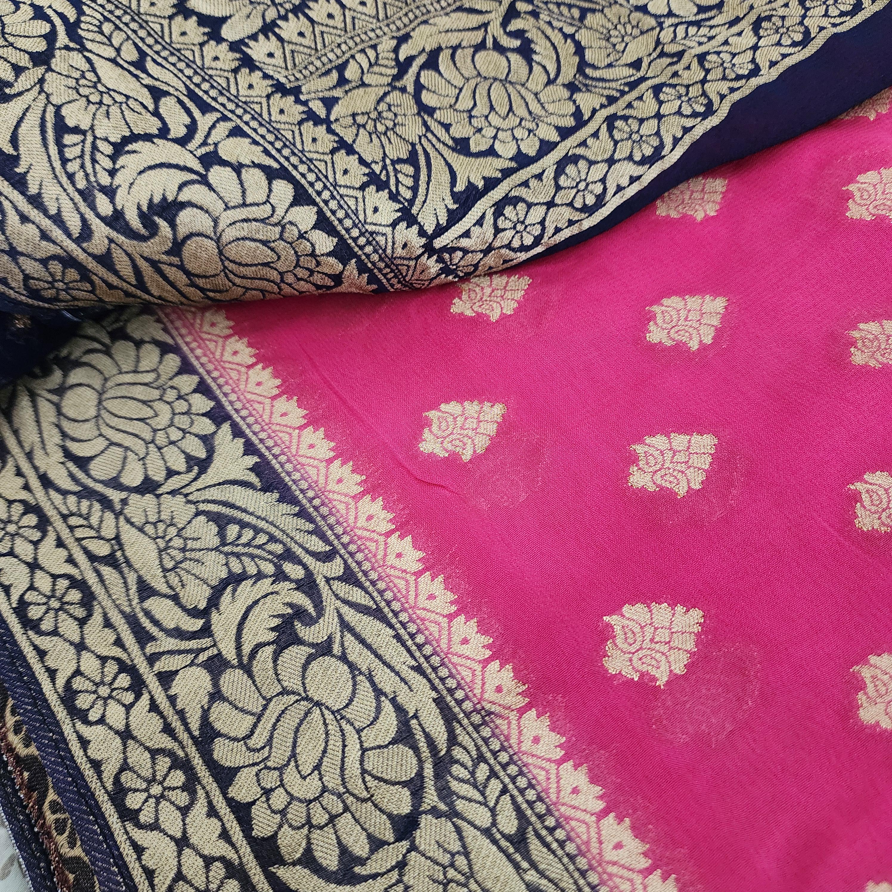 Luxury Pink And Navy Blue Dual-Tone Khaddi Georgette Banarasi Saree Light, Elegant, and Flowy