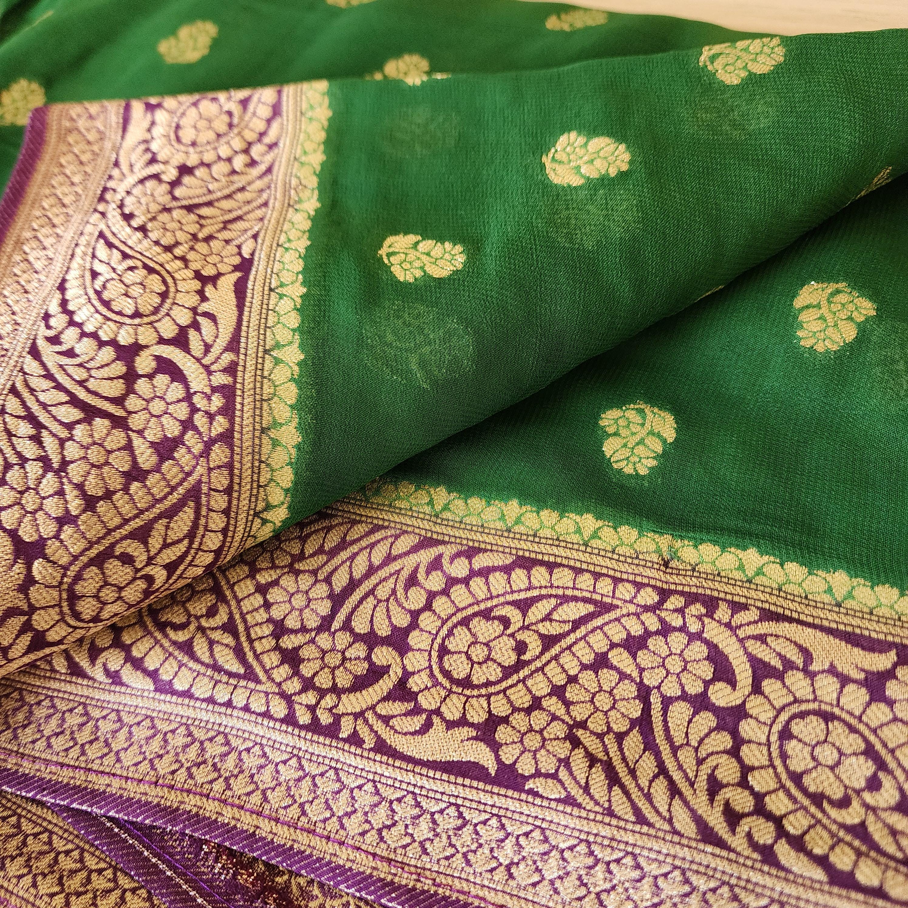 Radiant Dual-Tone Green & Purple Khaddi Georgette Banarasi Saree Light, Elegant, and Flowy