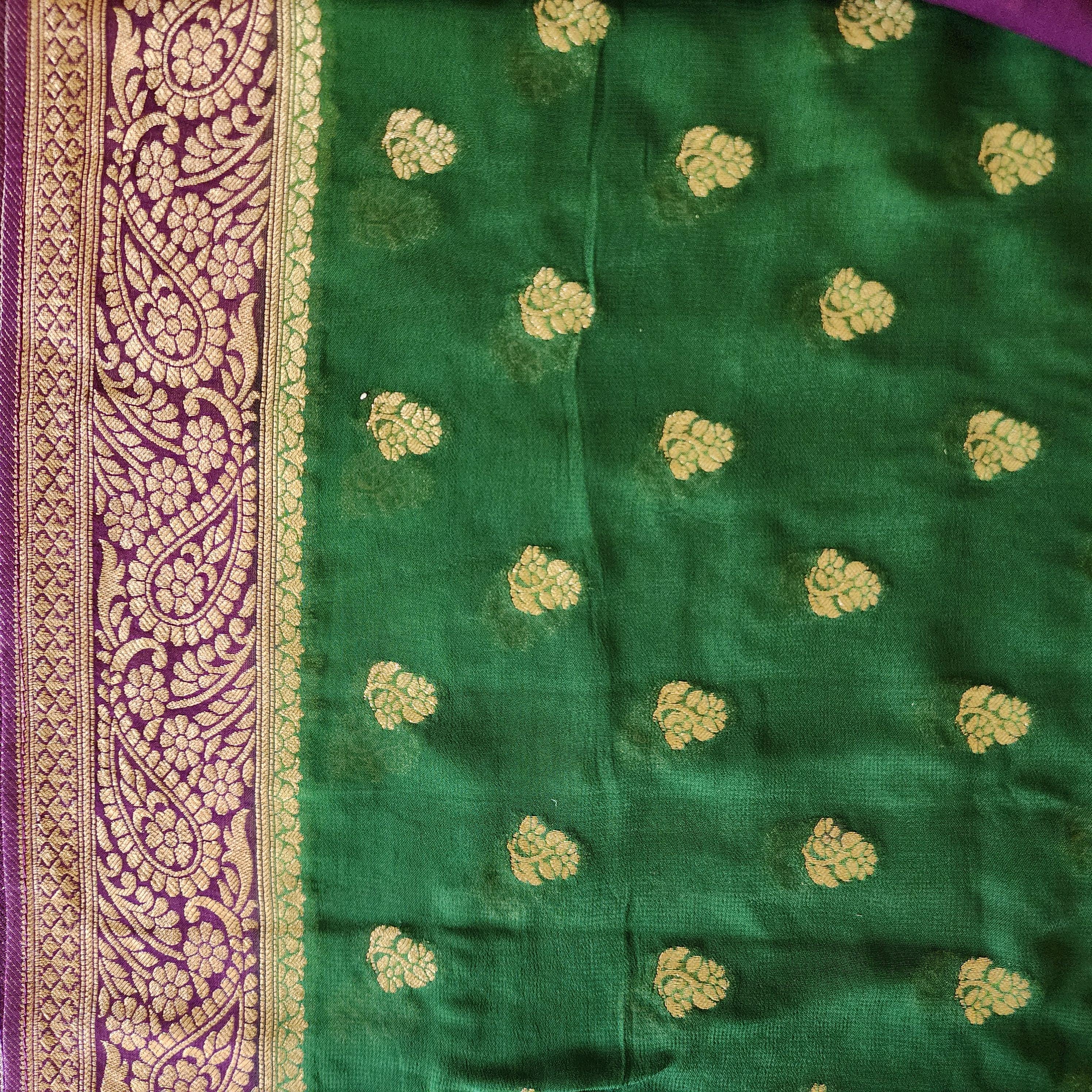 Radiant Dual-Tone Green & Purple Khaddi Georgette Banarasi Saree Light, Elegant, and Flowy