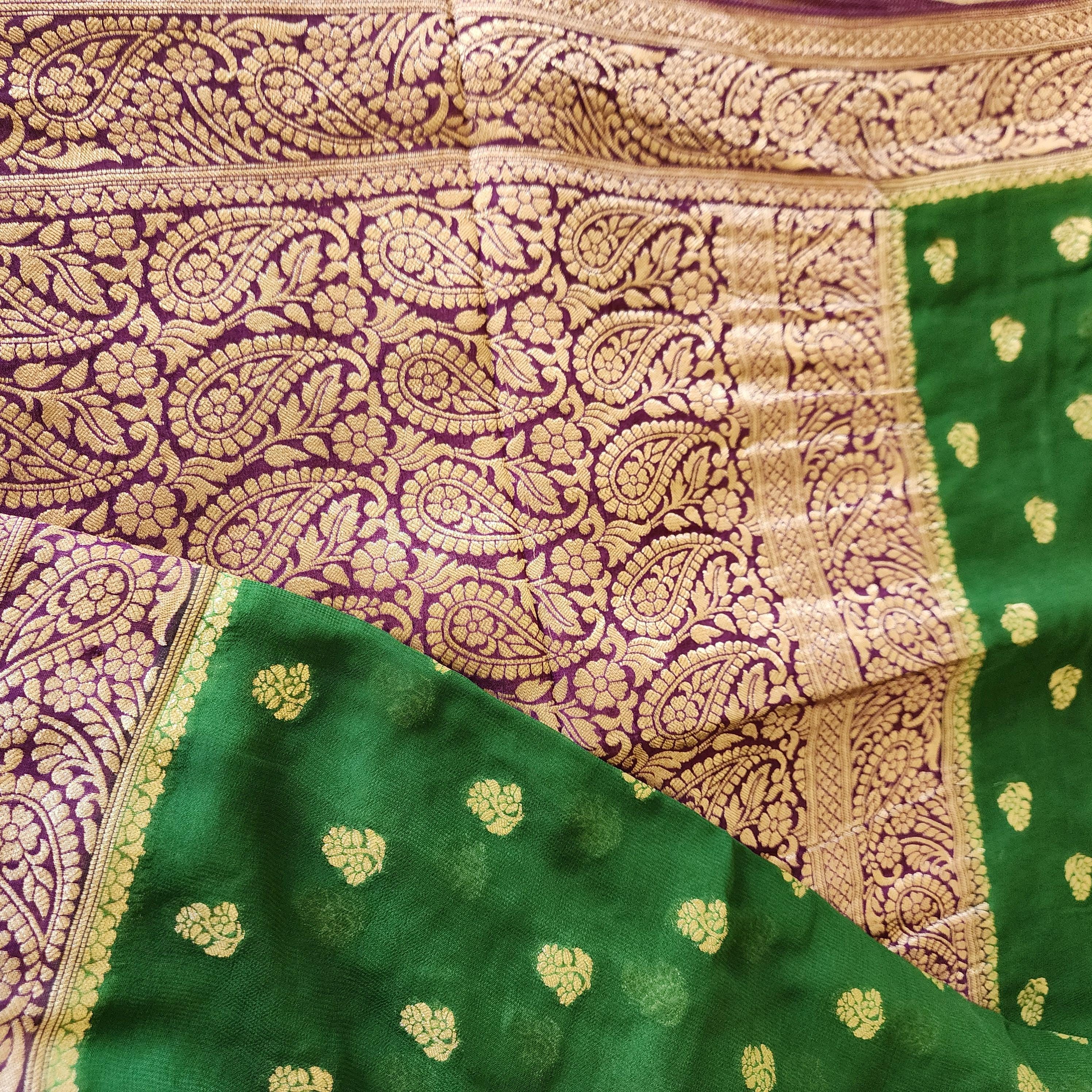 Radiant Dual-Tone Green & Purple Khaddi Georgette Banarasi Saree Light, Elegant, and Flowy
