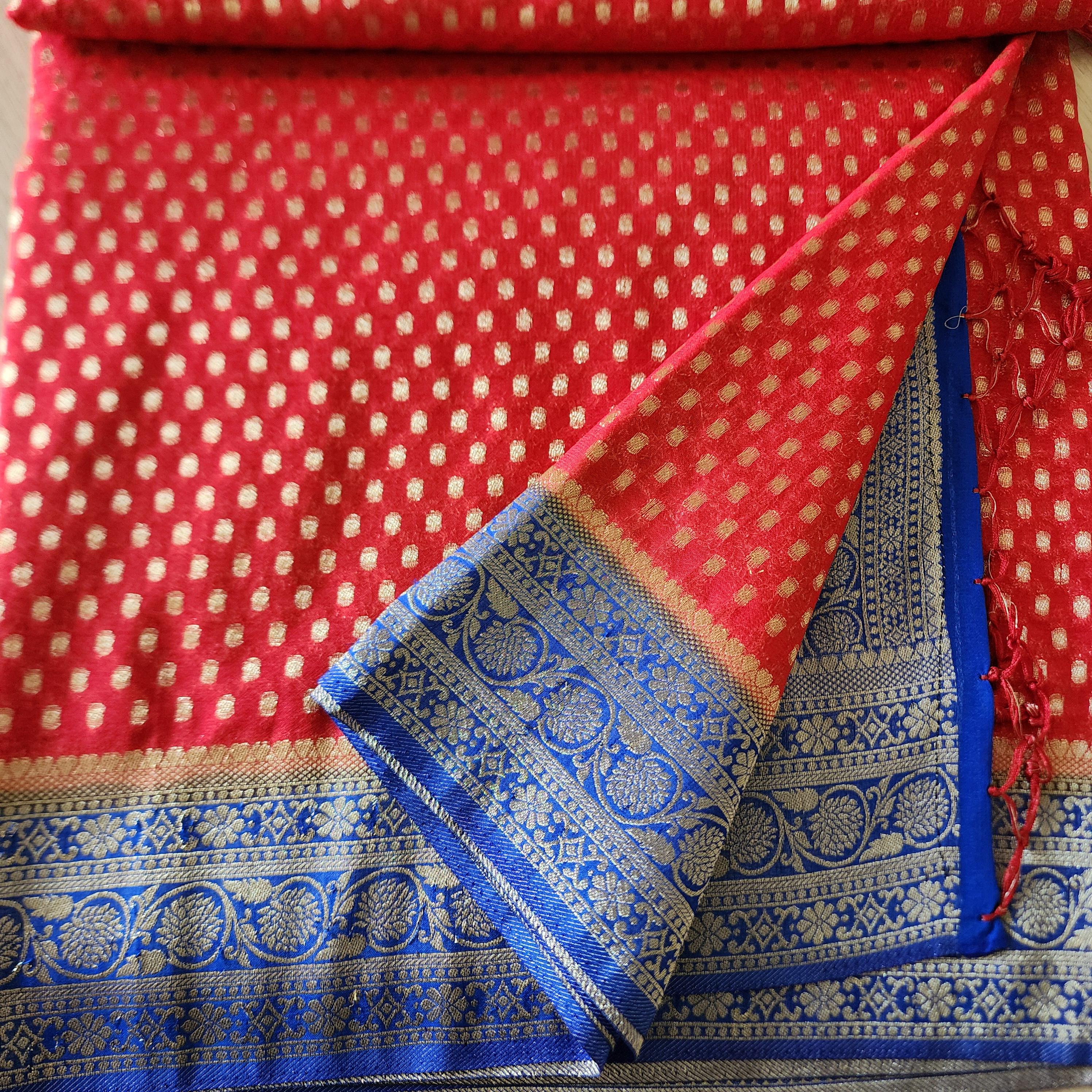 Royal Dual-Tone Red Blue Khaddi Georgette Banarasi Saree Soft, Elegant And Regal
