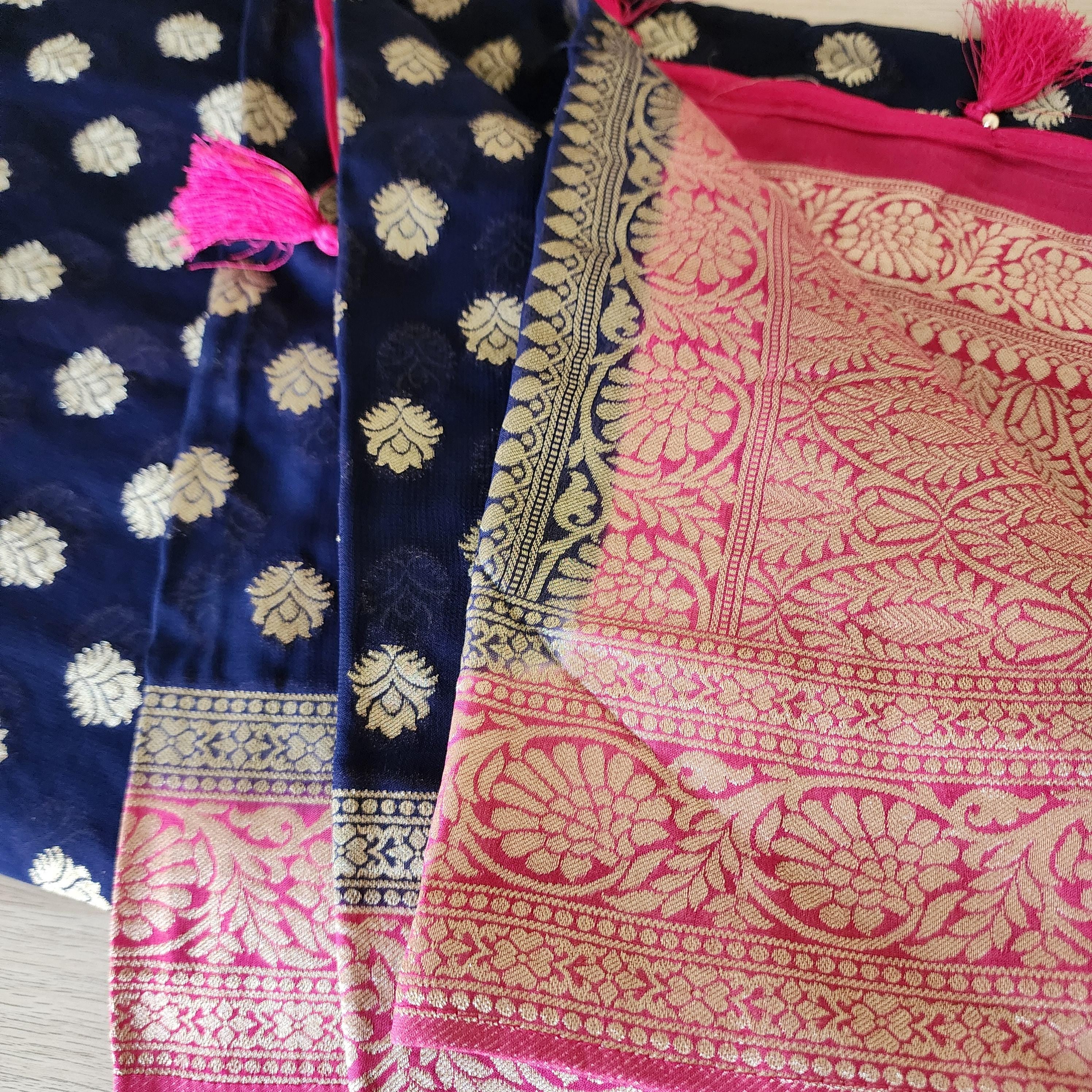 Sophisticated Navy Blue & Pink Khaddi Georgette Banarasi Saree Light, Elegant, and Flowy