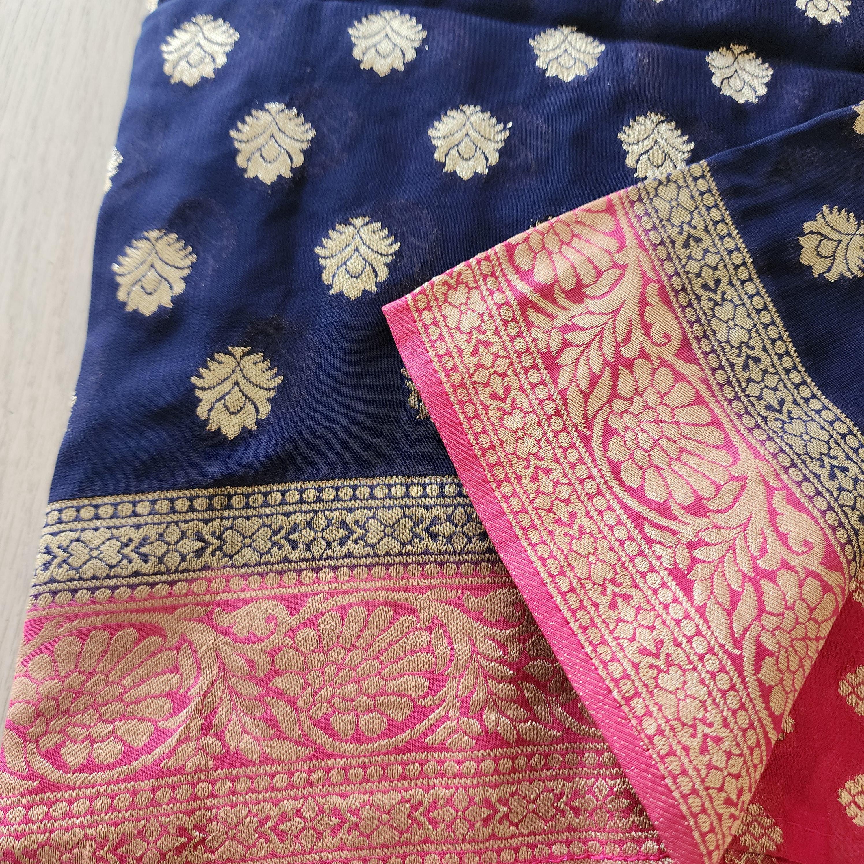 Sophisticated Navy Blue & Pink Khaddi Georgette Banarasi Saree Light, Elegant, and Flowy