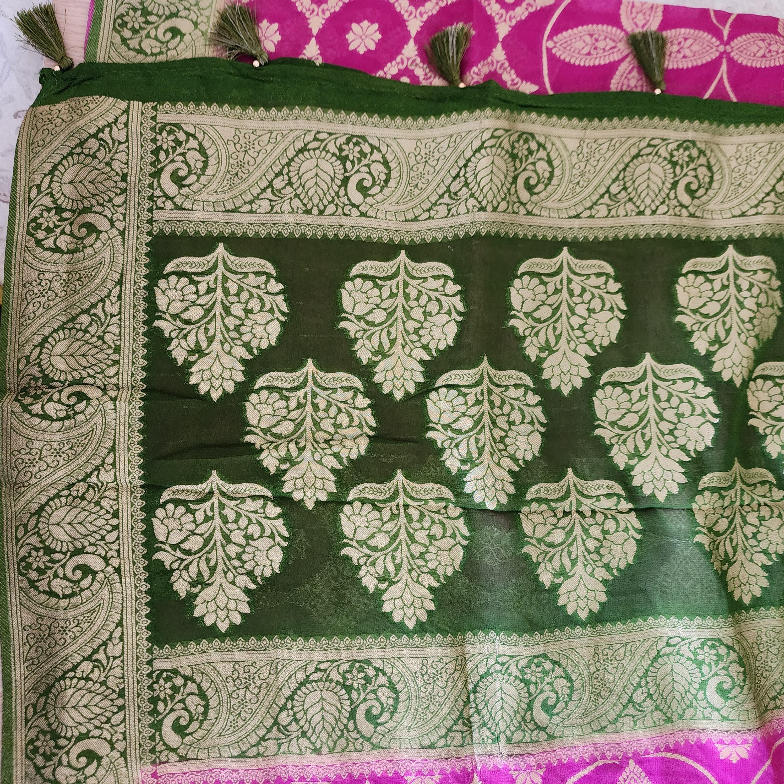 Vibrant Pink Green Dual-Tone Khaddi Georgette Banarasi Saree Light, Elegant, and Flowy
