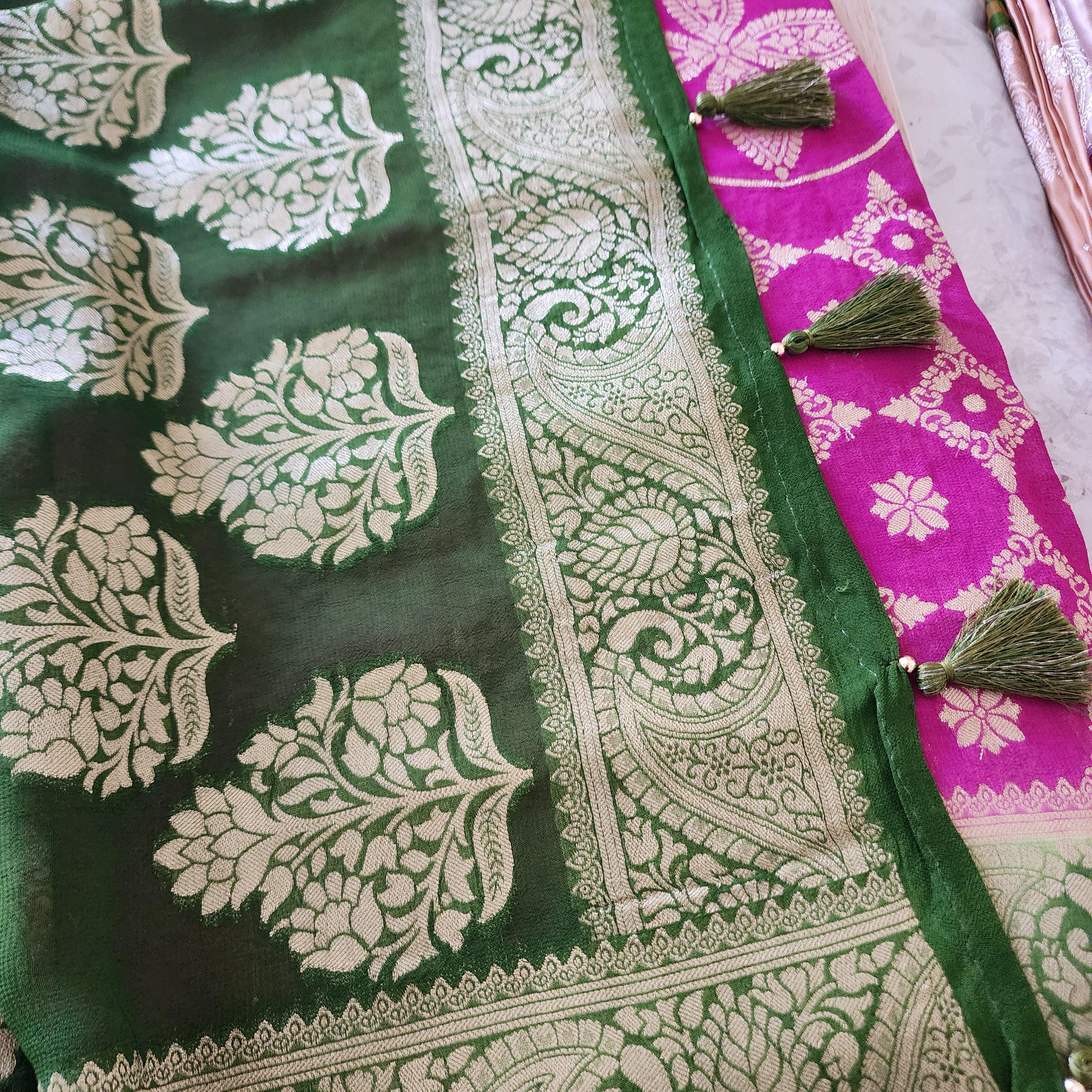 Vibrant Pink Green Dual-Tone Khaddi Georgette Banarasi Saree Light, Elegant, and Flowy